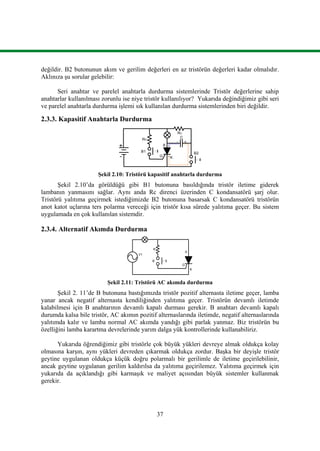 37
değildir. B2 butonunun akım ve gerilim değerleri en az tristörün değerleri kadar olmalıdır.
Aklınıza şu sorular gelebilir:
Seri anahtar ve parelel anahtarla durdurma sistemlerinde Tristör değerlerine sahip
anahtarlar kullanılması zorunlu ise niye tristör kullanılıyor? Yukarıda değindiğimiz gibi seri
ve parelel anahtarla durdurma işlemi sık kullanılan durdurma sistemlerinden biri değildir.
2.3.3. Kapasitif Anahtarla Durdurma
Şekil 2.10: Tristörü kapasitif anahtarla durdurma
Şekil 2.10’da görüldüğü gibi B1 butonuna basıldığında tristör iletime giderek
lambanın yanmasını sağlar. Aynı anda Rc direnci üzerinden C kondansatörü şarj olur.
Tristörü yalıtıma geçirmek istediğimizde B2 butonuna basarsak C kondansatörü tristörün
anot katot uçlarına ters polarma vereceği için tristör kısa sürede yalıtıma geçer. Bu sistem
uygulamada en çok kullanılan sistemdir.
2.3.4. Alternatif Akımda Durdurma
Şekil 2.11: Tristörü AC akımda durdurma
Şekil 2. 11’de B butonuna bastığımızda tristör pozitif alternasta iletime geçer, lamba
yanar ancak negatif alternasta kendiliğinden yalıtıma geçer. Tristörün devamlı iletimde
kalabilmesi için B anahtarının devamlı kapalı durması gerekir. B anahtarı devamlı kapalı
durumda kalsa bile tristör, AC akımın pozitif alternaslarında iletimde, negatif alternaslarında
yalıtımda kalır ve lamba normal AC akımda yandığı gibi parlak yanmaz. Biz tristörün bu
özelliğini lamba karartma devrelerinde yarım dalga yük kontrollerinde kullanabiliriz.
Yukarıda öğrendiğimiz gibi tristörle çok büyük yükleri devreye almak oldukça kolay
olmasına karşın, aynı yükleri devreden çıkarmak oldukça zordur. Başka bir deyişle tristör
geytine uygulanan oldukça küçük doğru polarmalı bir gerilimle de iletime geçirilebilinir,
ancak geytine uygulanan gerilim kaldırılsa da yalıtıma geçirilemez. Yalıtıma geçirmek için
yukarıda da açıklandığı gibi karmaşık ve maliyet açısından büyük sistemler kullanmak
gerekir.
A
G
+
-
RG
B1 B2
K
C
- +
RC
K
G
A
R
B
V1
 