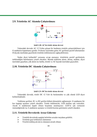 44
2.9. Tristörün AC Akımda Çalıştırılması
Şekil 1.20: AC’de tristör sürme devresi
Yukarıdaki devrede AC 12 Voltta çalışan bir lambanın tristörle çalıştırılabilmesi için
G anahtarını kapatmanız gerekir. R direnci üzerinden gelen AC gerilimin pozitif alternansları
D diyodu tarafından geçirilerek tristörün tetiklenmesini sağlayabilirsiniz.
Neden diyot kullanıldı? sorusuna cevap ararsanız, tristörlerin pozitif gerilimlerle
tetiklendiğini hatırlamanız yeterli olacaktır. Burada tetikleme akımı, direnç, anahtar, diyot
üzerinden geçerken, yük akımı ise lamba, tiristör ve AC kaynak üzerinden geçecektir.
2.10. Tristörün DC Akımda Çalıştırılması
Şekil 1.21: DC’de tristör sürme devresi
Yukarıdaki devrede, tristör DC 12 Volt ile beslenmekte ve yük olarak LED diyot
kullanılmaktadır.
Tetikleme gerilimi, R1 ve R2 gerilim bölücü dirençlerle sağlanmıştır. G anahtarını bir
kez kapatıp açmanız yeterli olacaktır. Tristör tetiklenecek, LED etrafına ışık verecektir.
Ancak A anahtarının kapalı olması koşulunu unutmayınız. LED’in ışık vermesini
istemediğinizde ise A anahtarını açmanız ve tristörü kesime getirmeniz yeterli olacaktır.
2.11. Tristörlü Devrelerde Arıza Giderme
 Tristörlü devrelerde aşağıda belirtilen arızalar meydana gelebilir.
 Tristörün geyt tetiklemesi alamaması
 Trisrörü tetikleycek devre elamanın arızalı olması
 