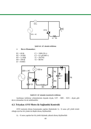 60
Şekil 4.4: AC akımla tetikleme
 Devre Elemanları:
R1 = 68 Ω C1 = 1000 (30 v)
R2 = 10 KΩ C2 = 0,1 μF(400 v)
R3 = 3,3 KΩ T1 = 2N3702
R4 = 100 Ω T2 = IRT84
D = 1N4001
Şekil 4.5: AC akımda transistorle tetikleme
Açıklanan tetikleme yöntemlerinin dışında triyak, UJT – SBS – SUS - diyak gibi
devre elemanları ile de tetiklenebilir.
4.3. Triyakın AVO Metre ile Sağlamlık Kontrolü
AVO metrenin direnç konumunda yapılan ölçümlerde A1– G arası çift yönlü tristör
olduğu için her iki yönde de düşük direnç ölçülmelidir.
A2 – G arası yapılan her iki yönlü ölçümde yüksek direnç ölçülmelidir
 