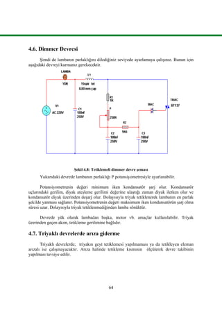 64
4.6. Dimmer Devresi
Şimdi de lambanın parlaklığını dilediğiniz seviyede ayarlamaya çalışınız. Bunun için
aşağıdaki devreyi kurmanız gerekecektir.
Şekil 4.8: Tetiklemeli dimmer devre şeması
Yukarıdaki devrede lambanın parlaklığı P potansiyometresiyle ayarlanabilir.
Potansiyometrenin değeri minimum iken kondansatör şarj olur. Kondansatör
uçlarındaki gerilim, diyak ateşleme gerilimi değerine ulaştığı zaman diyak iletken olur ve
kondansatör diyak üzerinden deşarj olur. Dolayısıyla triyak tetiklenerek lambanın en parlak
şekilde yanması sağlanır. Potansiyometrenin değeri maksimum iken kondansatörün şarj olma
süresi uzar. Dolayısıyla triyak tetiklenmediğinden lamba sönüktür.
Devrede yük olarak lambadan başka, motor vb. amaçlar kullanılabilir. Triyak
üzerinden geçen akım, tetikleme gerilimine bağlıdır.
4.7. Triyaklı devrelerde arıza giderme
Triyaklı devrelerde; triyakın geyt tetiklemesi yapılmaması ya da tetikleyen eleman
arızalı ise çalışmayacaktır. Arıza halinde tetikleme kısmının ölçülerek devre takibinin
yapılması tavsiye edilir.
 