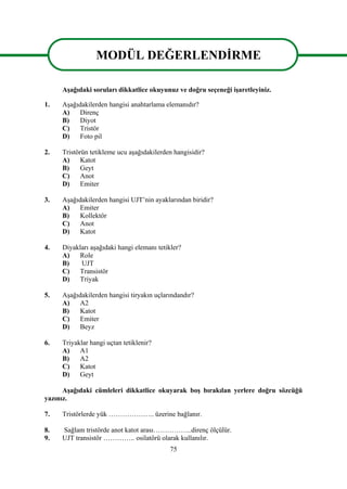 75
MODÜL DEĞERLENDİRME
Aşağıdaki soruları dikkatlice okuyunuz ve doğru seçeneği işaretleyiniz.
DEĞERLENDİRME
1. Aşağıdakilerden hangisi anahtarlama elemanıdır?
A) Direnç
B) Diyot
C) Tristör
D) Foto pil
2. Tristörün tetikleme ucu aşağıdakilerden hangisidir?
A) Katot
B) Geyt
C) Anot
D) Emiter
3. Aşağıdakilerden hangisi UJT’nin ayaklarından biridir?
A) Emiter
B) Kollektör
C) Anot
D) Katot
4. Diyakları aşağıdaki hangi elemanı tetikler?
A) Role
B) UJT
C) Transistör
D) Triyak
5. Aşağıdakilerden hangisi tiryakın uçlarındandır?
A) A2
B) Katot
C) Emiter
D) Beyz
6. Triyaklar hangi uçtan tetiklenir?
A) A1
B) A2
C) Katot
D) Geyt
Aşağıdaki cümleleri dikkatlice okuyarak boş bırakılan yerlere doğru sözcüğü
yazınız.
7. Tristörlerde yük ……………….. üzerine bağlanır.
8. Sağlam tristörde anot katot arası……………..direnç ölçülür.
9. UJT transistör ………….. osilatörü olarak kullanılır.
MODÜL DEĞERLENDİRME
 