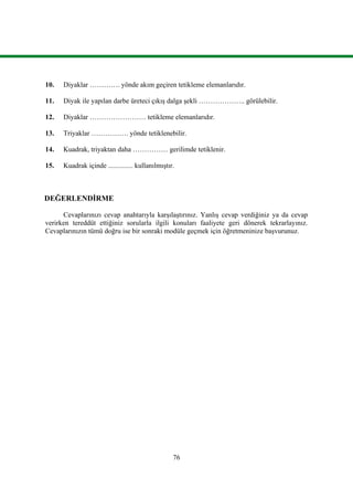 76
10. Diyaklar …………. yönde akım geçiren tetikleme elemanlarıdır.
11. Diyak ile yapılan darbe üreteci çıkış dalga şekli ……………….. görülebilir.
12. Diyaklar …………………… tetikleme elemanlarıdır.
13. Triyaklar ……………. yönde tetiklenebilir.
14. Kuadrak, triyaktan daha …………… gerilimde tetiklenir.
15. Kuadrak içinde .............. kullanılmıştır.
DEĞERLENDİRME
Cevaplarınızı cevap anahtarıyla karşılaştırınız. Yanlış cevap verdiğiniz ya da cevap
verirken tereddüt ettiğiniz sorularla ilgili konuları faaliyete geri dönerek tekrarlayınız.
Cevaplarınızın tümü doğru ise bir sonraki modüle geçmek için öğretmeninize başvurunuz.
 