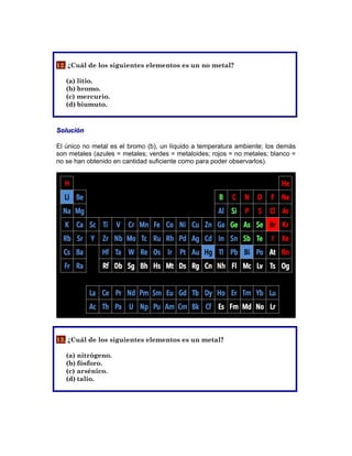 12. ¿Cuál de los siguientes elementos es un no metal?
(a) litio.
(b) bromo.
(c) mercurio.
(d) biumuto.
Solución
El único no metal es el bromo (b), un líquido a temperatura ambiente; los demás
son metales (azules = metales; verdes = metaloides; rojos = no metales; blanco =
no se han obtenido en cantidad suficiente como para poder observarlos).
13. ¿Cuál de los siguientes elementos es un metal?
(a) nitrógeno.
(b) fósforo.
(c) arsénico.
(d) talio.
 