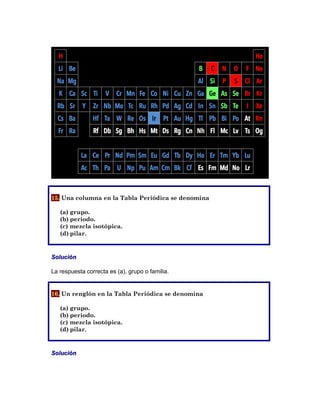 15. Una columna en la Tabla Periódica se denomina
(a) grupo.
(b) periodo.
(c) mezcla isotópica.
(d) pilar.
Solución
La respuesta correcta es (a), grupo o familia.
16. Un renglón en la Tabla Periódica se denomina
(a) grupo.
(b) periodo.
(c) mezcla isotópica.
(d) pilar.
Solución
 