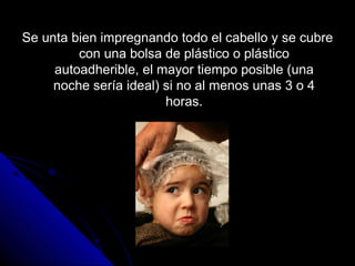 Se unta bien impregnando todo el cabello y se cubreSe unta bien impregnando todo el cabello y se cubre
con una bolsa de plástico o plásticocon una bolsa de plástico o plástico
autoadherible, el mayor tiempo posible (unaautoadherible, el mayor tiempo posible (una
noche sería ideal) si no al menos unas 3 o 4noche sería ideal) si no al menos unas 3 o 4
horas.horas.
 