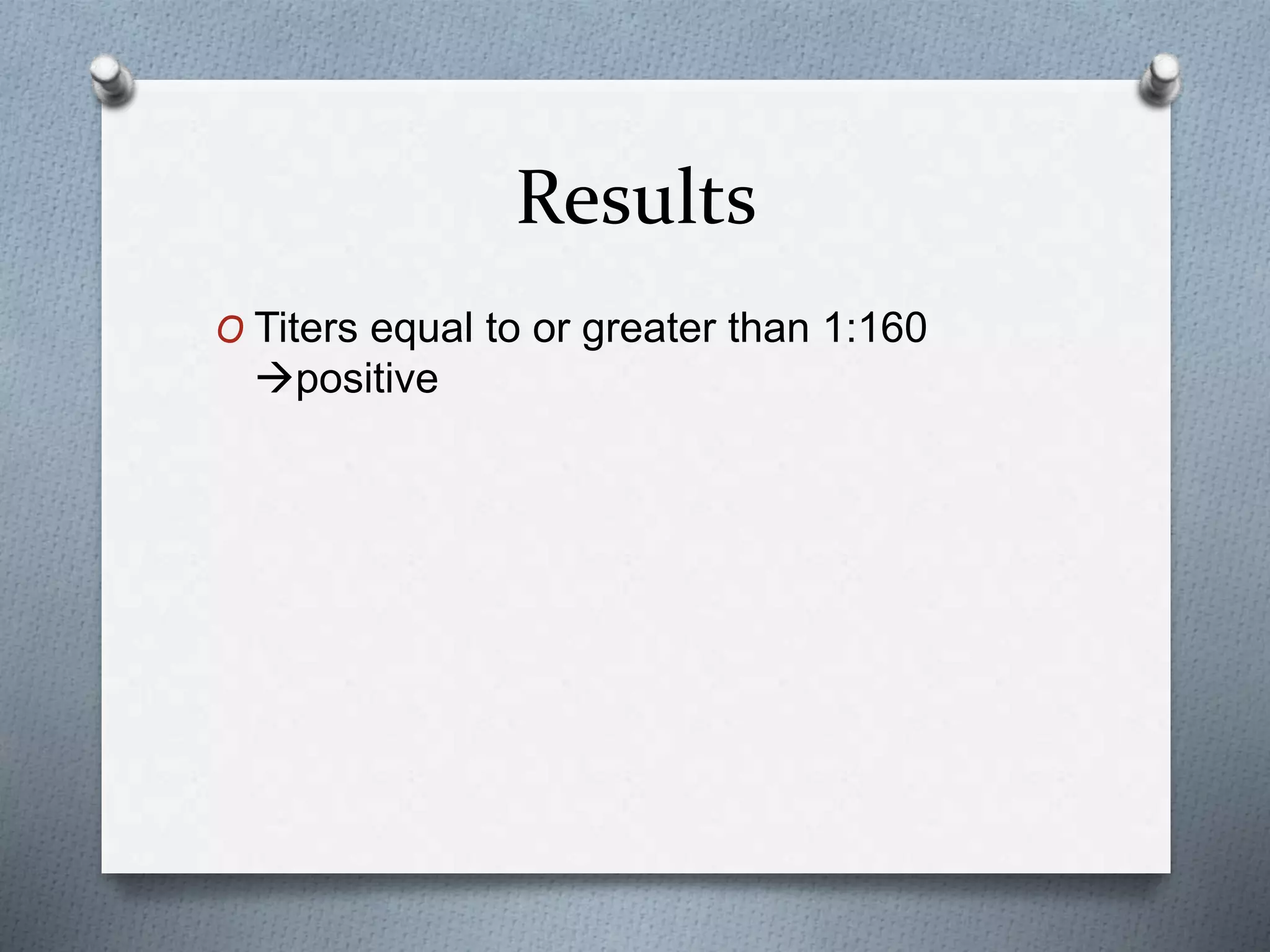 Results
O Titers equal to or greater than 1:160
positive
 