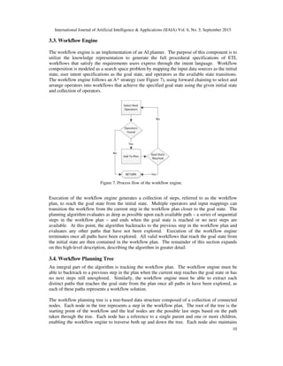 International Journal of Artificial Intelligence & Applications (IJAIA) Vol. 6, No. 5, September 2015
10
3.3. Workflow Engine
The workflow engine is an implementation of an AI planner. The purpose of this component is to
utilize the knowledge representation to generate the full procedural specifications of ETL
workflows that satisfy the requirements users express through the intent language. Workflow
composition is modeled as a search space problem by mapping the input data sources as the initial
state, user intent specifications as the goal state, and operators as the available state transitions.
The workflow engine follows an A* strategy (see Figure 7), using forward chaining to select and
arrange operators into workflows that achieve the specified goal state using the given initial state
and collection of operators.
Execution of the workflow engine generates a collection of steps, referred to as the workflow
plan, to reach the goal state from the initial state. Multiple operators and input mappings can
transition the workflow from the current step in the workflow plan closer to the goal state. The
planning algorithm evaluates as deep as possible upon each available path – a series of sequential
steps in the workflow plan – and ends when the goal state is reached or no next steps are
available. At this point, the algorithm backtracks to the previous step in the workflow plan and
evaluates any other paths that have not been explored. Execution of the workflow engine
terminates once all paths have been explored. All valid workflows that reach the goal state from
the initial state are then contained in the workflow plan. The remainder of this section expands
on this high-level description, describing the algorithm in greater detail.
3.4. Workflow Planning Tree
An integral part of the algorithm is tracking the workflow plan. The workflow engine must be
able to backtrack to a previous step in the plan when the current step reaches the goal state or has
no next steps still unexplored. Similarly, the workflow engine must be able to extract each
distinct paths that reaches the goal state from the plan once all paths in have been explored, as
each of these paths represents a workflow solution.
The workflow planning tree is a tree-based data structure composed of a collection of connected
nodes. Each node in the tree represents a step in the workflow plan. The root of the tree is the
starting point of the workflow and the leaf nodes are the possible last steps based on the path
taken through the tree. Each node has a reference to a single parent and one or more children,
enabling the workflow engine to traverse both up and down the tree. Each node also maintains
Figure 7. Process flow of the workflow engine.
 