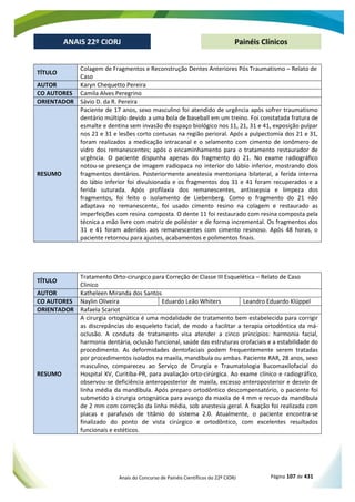 Anais do Concurso de Painéis Científicos do 22º CIORJ Página 107 de 431
ANAIS 22º CIORJ
ANAIS 22º CIORJ Painéis Clínicos
TÍTULO
Colagem de Fragmentos e Reconstrução Dentes Anteriores Pós Traumatismo – Relato de
Caso
AUTOR Karyn Chequetto Pereira
CO AUTORES Camila Alves Peregrino
ORIENTADOR Sávio D. da R. Pereira
RESUMO
Paciente de 17 anos, sexo masculino foi atendido de urgência após sofrer traumatismo
dentário múltiplo devido a uma bola de baseball em um treino. Foi constatada fratura de
esmalte e dentina sem invasão do espaço biológico nos 11, 21, 31 e 41, exposição pulpar
nos 21 e 31 e lesões corto contusas na região perioral. Após a pulpectomia dos 21 e 31,
foram realizados a medicação intracanal e o selamento com cimento de ionômero de
vidro dos remanescentes; após o encaminhamento para o tratamento restaurador de
urgência. O paciente dispunha apenas do fragmento do 21. No exame radiográfico
notou-se presença de imagem radiopaca no interior do lábio inferior, mostrando dois
fragmentos dentários. Posteriormente anestesia mentoniana bilateral, a ferida interna
do lábio inferior foi divulsionada e os fragmentos dos 31 e 41 foram recuperados e a
ferida suturada. Após profilaxia dos remanescentes, antissepsia e limpeza dos
fragmentos, foi feito o isolamento de Liebenberg. Como o fragmento do 21 não
adaptava no remanescente, foi usado cimento resino na colagem e restaurado as
imperfeições com resina composta. O dente 11 foi restaurado com resina composta pela
técnica a mão livre com matriz de poliéster e de forma incremental. Os fragmentos dos
31 e 41 foram aderidos aos remanescentes com cimento resinoso. Após 48 horas, o
paciente retornou para ajustes, acabamentos e polimentos finais.
TÍTULO
Tratamento Orto-cirurgico para Correção de Classe III Esquelética – Relato de Caso
Clinico
AUTOR Katheleen Miranda dos Santos
CO AUTORES Naylin Oliveira Eduardo Leão Whiters Leandro Eduardo Klüppel
ORIENTADOR Rafaela Scariot
RESUMO
A cirurgia ortognática é uma modalidade de tratamento bem estabelecida para corrigir
as discrepâncias do esqueleto facial, de modo a facilitar a terapia ortodôntica da má-
oclusão. A conduta de tratamento visa atender a cinco princípios: harmonia facial,
harmonia dentária, oclusão funcional, saúde das estruturas orofaciais e a estabilidade do
procedimento. As deformidades dentofaciais podem frequentemente serem tratadas
por procedimentos isolados na maxila, mandíbula ou ambas. Paciente RAR, 28 anos, sexo
masculino, compareceu ao Serviço de Cirurgia e Traumatologia Bucomaxilofacial do
Hospital XV, Curitiba-PR, para avaliação orto-cirúrgica. Ao exame clínico e radiográfico,
observou-se deficiência anteroposterior de maxila, excesso anteroposterior e desvio de
linha média da mandíbula. Após preparo ortodôntico descompensatório, o paciente foi
submetido à cirurgia ortognática para avanço da maxila de 4 mm e recuo da mandíbula
de 2 mm com correção da linha média, sob anestesia geral. A fixação foi realizada com
placas e parafusos de titânio do sistema 2.0. Atualmente, o paciente encontra-se
finalizado do ponto de vista cirúrgico e ortodôntico, com excelentes resultados
funcionais e estéticos.
 