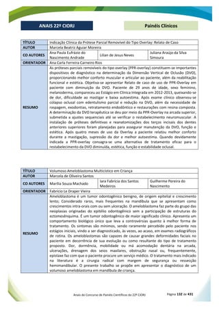 Anais do Concurso de Painéis Científicos do 22º CIORJ Página 132 de 431
ANAIS 22º CIORJ
ANAIS 22º CIORJ Painéis Clínicos
TÍTULO Indicação Clínica da Prótese Parcial Removível do Tipo Overlay: Relato de Caso
AUTOR Marcela Beatriz Aguiar Moreira
CO AUTORES
Ana Paula Eufrázio do
Nascimento Andrade
Lilian de Jesus Neves
Juliana Araújo da Silva
Simoura
ORIENTADOR Ana Carla Ferreira Carneiro Rios
RESUMO
As próteses parciais removíveis do tipo overlay (PPR-overlay) constituem-se importantes
dispositivos de diagnóstico na determinação da Dimensão Vertical de Oclusão (DVO),
proporcionando melhor conforto muscular e articular ao paciente, além da reabilitação
funcional e estética. Objetiva-se apresentar Relato de caso de uso de PPR-Overlay em
paciente com diminuição da DVO. Paciente de 29 anos de idade, sexo feminino,
melanoderma, compareceu ao Estágio em Clínica Integrada em 2012-2013, queixando-se
de dor, dificuldade ao mastigar e baixa autoestima. Após exame clínico observou-se
colapso oclusal com edentulismo parcial e redução na DVO, além da necessidade de
raspagem, exodontias, retratamento endodôntico e restaurações com resina composta.
A determinação da DVO terapêutica se deu por meio da PPR-Overlay na arcada superior,
submetida a ajustes sequenciais até se verificar o restabelecimento neuromuscular. A
instalação de próteses definitivas e reanatomizações dos terços incisais dos dentes
anteriores superiores foram planejadas para assegurar manutenção da DVO, função e
estética. Após quatro meses de uso da Overlay a paciente relatou melhor conforto
durante a mastigação, supressão da dor e melhor autoestima. Quando devidamente
indicada a PPR-overlay consagra-se uma alternativa de tratamento eficaz para o
restabelecimento da DVO diminuída, estética, função e estabilidade oclusal.
TÍTULO Volumoso Ameloblastoma Multicístico em Criança
AUTOR Marcela de Oliveira Santos
CO AUTORES Marília Souza Machado
Iara Fabrícia dos Santos
Medeiros
Guilherme Pereira do
Nascimento
ORIENTADOR Fabrício Le Draper Vieira
RESUMO
Ameloblastoma é um tumor odontogênico benigno, de origem epitelial e crescimento
lento; Considerado raros, mais frequentes na mandíbula que se apresentam como
crescimentos intra-orais com ou sem ulceração. O ameloblastoma faz parte do grupo das
neoplasias originadas do epitélio odontogênico sem a participação de estruturas do
ectomesênquima. É um tumor odontogênico de maior significado clínico. Apresenta um
comportamento biológico único que leva a controvérsias quanto à melhor forma de
tratamento. Os sintomas são mínimos, sendo raramente percebido pelo paciente nos
estágios iniciais, vindo a ser diagnosticado, às vezes, ao acaso, em exames radiográficos
de rotina. Os ameloblastomas são capazes de causar grandes deformidades faciais no
paciente em decorrência de sua evolução ou como resultante do tipo de tratamento
proposto. Dor, dormência, mobilidade ou má acomodação dentária na arcada,
ulcerações, drenagem dos seios maxilares, obstrução nasal ou, frequentemente,
epistaxe faz com que o paciente procure um serviço médico. O tratamento mais indicado
na literatura é a cirurgia radical com margem de segurança ou ressecção
hemimandibular. O presente trabalho se propõe em apresentar o diagnóstico de um
volumoso ameloblastoma em mandíbula de criança.
 