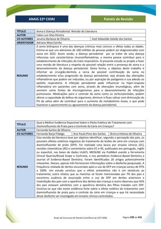 Anais do Concurso de Painéis Científicos do 22º CIORJ Página 239 de 431
ANAIS 22º CIORJ
ANAIS 22º CIORJ Painéis de Revisão
TÍTULO Asma e Doença Periodontal: Revisão de Literatura
AUTOR Fabio Luiz Silva Pereira
CO AUTORES Janaina Barbosa de Oliveira José Sebastião Galvão dos Santos
ORIENTADOR Adriano Maia Corrêa
RESUMO
A asma brônquica é uma das doenças crônicas mais comuns e afetas todas as idades.
Estima-se que uns adicionais de 100 milhões de pessoas podem ser diagnosticados com
asma em 2025. Assim sendo, a doença periodontal por se tratar de uma doença
infecciosa com características imunoinflamatórias, a mesma parece contribuir para o
estabelecimento de infecções do trato respiratório. O presente estudo se propôs a fazer
uma revisão de literatura a respeito da possível relação entre a presença de asma e o
desenvolvimento da doença periodontal. Desta forma, o objetivo deste trabalho é
informar ao cirurgião-dentista a cerca da possível contribuição da asma no
estabelecimento e/ou progressão da doença periodontal, seja através das alterações
inflamatórias que podem ser induzidas, ou por aspiração de patógenos e sua adesão ao
epitélio respiratório. A infecção periodontal pode influenciar na hiper-resposta
inflamatória em pacientes com asma, através de alterações imunológicas, além de
servirem como fontes de microrganismos para o desenvolvimento de infecções
pulmonares. Medicações para o controle da asma como os corticosteróides, podem
alterar a capacidade de defesa do organismo, diminuir o fluxo salivar com diminuição do
PH da saliva além de contribuir para o aumento do metabolismo ósseo, o que pode
favorecer o aparecimento ou agravamento da doença periodontal.
TÍTULO
Qual a Melhor Evidência Disponível Sobre o Efeito Estético do Tratamento com
Diaminofluoreto de Prata para o Controle da Cárie em Crianças?
AUTOR Fernanda Santos de Oliveira
CO AUTORES Fernanda Barja-Fidalgo Ana Paula Pires dos Santos Branca Heloísa de Oliveira
RESUMO
Esta revisão da literatura teve por objetivo identificar, segundo a percepção dos pais, os
possíveis efeitos estéticos negativos do tratamento de lesões de cárie em crianças com
diaminofluoreto de prata (DFP). Foi realizada uma busca por ensaios clínicos (EC),
revisões sistemáticas (RS) e comentários sobre EC e RS, publicados em português, inglês
ou espanhol, nas bases de dados LILACS, MEDLINE via PubMed usando a ferramenta
Clinical Queries/Broad Scope e Cochrane, e nos periódicos Evidence-Based Dentistry e
Journal of Evidence-Based Dentistry. Foram identificados 20 artigos potencialmente
relevantes. Desses, apenas três forneceram informações sobre o desfecho pesquisado. A
frequência relatada de dentes escurecidos após o uso de DFP em crianças variou de 97%
a 100%. Um estudo concluiu que o efeito antiestético não é um obstáculo ao
tratamento; outro relatou que as manchas só foram mencionadas por 7% dos pais e
encontrou ausência de associação entre o uso de DFP em dentes anteriores e
insatisfação dos pais com a aparência dos dentes das crianças e outro observou que 45%
dos pais estavam satisfeitos com a aparência dentária dos filhos tratados com DFP.
Concluiu-se que não existe evidência forte sobre o efeito estético do tratamento com
diaminofluoreto de prata para o controle da cárie em crianças e que há necessidade
desse desfecho ser investigado em ensaios clínicos controlados.
 
