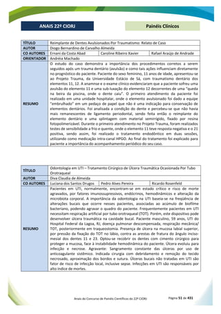 Anais do Concurso de Painéis Científicos do 22º CIORJ Página 51 de 431
ANAIS 22º CIORJ
ANAIS 22º CIORJ Painéis Clínicos
TÍTULO Reimplante de Dentes Avulsionados Por Traumatismo: Relato de Caso
AUTOR Diogo Bernardino de Carvalho Almeida
CO AUTORES Ernani da Costa Abad Caroline Ribeiro Xavier Rafael Araújo de Andrade
ORIENTADOR Andréia Machado
RESUMO
O estudo do caso demonstra a importância dos procedimentos corretos a serem
seguidos após um trauma dentário (avulsão) e como tais ações influenciam diretamente
no prognóstico do paciente. Paciente do sexo feminino, 11 anos de idade, apresentou-se
ao Projeto Trauma, da Universidade Estácio de Sá, com traumatismo dentário dos
elementos 11, 12. A anamnse e o exame clínico evidenciaram que a paciente sofreu uma
avulsão do elemento 11 e uma sub-luxação do elemento 12 decorrentes de uma “queda
na beira da piscina, onde o dente caiu”. O primeiro atendimento da paciente foi
realizado em uma unidade hospitalar, onde o elemento avulsionado foi dado a equipe
“embrulhado” em um pedaço de papel que não é uma indicação para conservação de
elementos dentários. Foi analisada a condição do dente e percebeu-se que não havia
mais remanescentes de ligamento periodontal, sendo feita então o reimplante do
elemento dentário e uma splintagem com material semirrígido, fixado por resina
fotopolimerizável. Durante o primeiro atendimento no Projeto Trauma, foram realizados
testes de sensibilidade a frio e quente, onde o elemento 11 teve resposta negativa e o 21
positiva, sendo assim, foi realizado o tratamento endodôntico em duas sessões,
utilizando como medicação intra-canal HPGO. Ao final do tratamento foi explicado para
paciente a importância do acompanhamento periódico do seu caso.
TÍTULO
Odontologia em UTI – Tratamento Cirúrgico de Úlcera Traumática Ocasionada Por Tubo
Orotraqueal
AUTOR Diva Claudia de Almeida
CO AUTORES Luciana dos Santos Drugos Pedro Alves Pereira Ricardo Rosenfeld
RESUMO
Pacientes em UTI, normalmente, encontram-se em estado crítico e risco de morte
agravados, por fatores imunossupressivos, endócrinos, hemodinâmicos e alteração da
microbiota corporal. A importância da odontologia na UTI baseia-se na freqüência de
alterações bucais que ocorre nesses pacientes, associadas ao acúmulo de biofilme
bacteriano, podendo agravar o quadro do paciente. Frequentemente pacientes em UTI
necessitam respiração artificial por tubo orotraqueal (TOT). Porém, este dispositivo pode
desenvolver úlcera traumática na cavidade bucal. Paciente masculino, 59 anos, UTI do
Hospital Federal da Lagoa, RJ, doença pulmonar descompensada, respiração mecânica/
TOT, posteriormente em traqueostomia. Presença de úlcera na mucosa labial superior,
por pressão da fixação do TOT no lábio, contra as arestas de fratura do ângulo inciso-
mesial dos dentes 11 e 23. Optou-se recobrir os dentes com cimento cirúrgico para
proteger a mucosa, face à instabilidade hemodinâmica do paciente. Úlcera evoluiu para
infecção e necrose. Agravante: Sangramento constante das úlceras por uso de
anticoagulante sistêmico. Indicada cirurgia com debridamento e remoção do tecido
necrosado, aproximação dos bordos e sutura. Úlceras bucais não tratadas em UTI são
fator de risco de infecção local, inclusive sepse. Infecções em UTI são responsáveis por
alto índice de mortes.
 