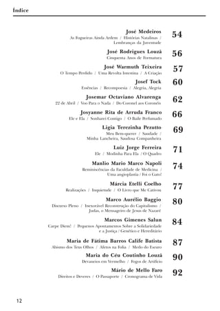 12
Índice
José Medeiros
As Fogueiras Ainda Ardem / Histórias Natalinas /
Lembranças da Juventude
54
José Rodrigues Louzã
Cinquenta Anos de Formatura
56
José Warmuth Teixeira
O Tempo Perdido / Uma Revolta Intestina / A Criação
57
Josef Tock
Essências / Recompoesia / Alegria, Alegria
60
Josemar Octaviano Alvarenga
22 de Abril / Voo Para o Nada / Do Coronel aos Coronéis
62
Josyanne Rita de Arruda Franco
Ele e Ela / Sonharei Contigo / O Baile Perfumado
66
Ligia Terezinha Pezutto
Meu Bem-querer / Saudade /
Minha Lancheira, Saudosa Companheira
69
Luiz Jorge Ferreira
Ele / Modinha Para Ela / O Quadro
71
Manlio Mario Marco Napoli
Reminiscências da Faculdade de Medicina /
Uma angioplastia / Foi o Gato!
74
Márcia Etelli Coelho
Realizações / Inquietude / O Livro que Me Cativou 77
Marco Aurélio Baggio
Discurso Pleno / Inexorável Reconstrução do Capitalismo /
Judas, o Mensageiro de Jesus de Nazaré
80
Marcos Gimenes Salun
Carpe Diem! / Pequenos Apontamentos Sobre a Solidariedade
e a Justiça / Genético e Hereditário
84
Maria de Fátima Barros Calife Batista
Abismo dos Teus Olhos / Afetos na Folia / Medo do Escuro
87
Maria do Céu Coutinho Louzã
Devaneios em Vermelho / Fogos de Artifício
90
Mário de Mello Faro
Direitos e Deveres / O Passaporte / Cronograma de Vida
92
x jornada - anais_21x297_136p.pmd 10/9/2009, 14:0812
 