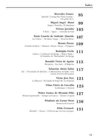 13
Índice
Paulo Camelo de Andrade Almeida
Ave Celeste / Há Muito Tempo / Portal da Mente
107
Nelson Jacintho
A Noite / Quase / A Estrada da Vida
103
Rodolpho Civile
Calixto, o Colchoeiro do Bexiga / Pedro e Paulo /
O Vendedor de “Machadinho” do Bexiga
111
Ronaldo Vieira de Aguiar
Devaneios / Vou Atrás / O Regresso
115
Victor Jose Fryc
La Máscara / El Caballo de Felipe III / La Violación
121
Wladimir do Carmo Porto
Promessa de Carnaval
130
Zilda Cormack
Aloendre / Arestas / O dia em que vovô me enxergou
131
Mercedes Gomes
Quando / Cantiga Para Ninar Luanda /
Um pouco de ti
95
Miguel Angel Manzi
Tango! / Portenho / El Abandono
99
Sebastião Abrão Salim
Paz / O Contador de Histórias / A Metamorfose de Kafka - Um
Ensaio Literário-Psicanalista
117
Renato Passos
O Sonho do Poeta / Distância - Paixão - Inveja / O Foguete
109
Vilma Clóris de Carvalho
Lembranças - o Funeral
125
Walter Gomes de Miranda Filho
Homem Apaixonado / Intrigas na Caserva / Interior e Capital
127
x jornada - anais_21x297_136p.pmd 10/9/2009, 14:0813
 