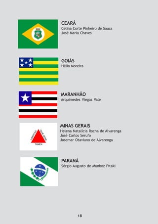 CEARÁ
Celina Corte Pinheiro de Sousa
José Maria Chaves
GOIÁS
Hélio Moreira
MARANHÃO
Arquimedes Viegas Vale
MINAS GERAIS
Helena Natalícia Rocha de Alvarenga
José Carlos Serufo
Josemar Otaviano de Alvarenga
PARANÁ
Sérgio Augusto de Munhoz Pitaki
18
 