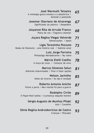 José Warmuth Teixeira
A mitologia greco-romana e a obstetrícia /
Amando e poetando
65
Josemar Otaviano de Alvarenga
Significados da palavra / Despedere
67
Josyanne Rita de Arruda Franco
Plano de voo / Fogueira celestial
68
Juçara Regina Viegas Valverde
Demarcações / Apelo
71
Ligia Terezinha Pezzuto
Bodas de Diamante - uma história real / Sublime amor
73
Luiz Jorge Ferreira
Pintassilgo Mariadocarmo / My name
75
Márcia Etelli Coelho
A moça de cinza / Começar de novo
78
Marcos Gimenes Salun
Aldravias improvisadas / Viver é fazer opções
81
Nelson Jacintho
Noite de inverno / Se não é verdade
85
Roberto Antonio Aniche
Feche a porta / Meu marido foi para a guerra
87
Rodolpho Civile
O Papai-Noel ladrão / A presença daquele homem
89
Sérgio Augusto de Munhoz Pitaki
Azul / Conselho
92
Sônia Regina Andruskevicius de Castro
Crianças / Pescador
93
23
 