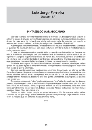 75
PINTASSILGO MARIADOCARMO
Soprasse o vento a noroeste trazendo consigo o cheiro do sal. Ela esperava que caíssem os
primeiros pingos de chuva e os recolhia com as mãos em concha e carinhosamente as depositava
dentro da caixa vazia de linhas de cor, ainda muito manchada. De maneira que quando as
retirava para matar a sede do casal de pintassilgos que criava lá no pé de Abricó.
Algumas gotas vinham encarnadas, outras esverdeadas e outras roxas brilhantes. Eram estas
as que mais lhe chamavam atenção. Com estas costumava enfeitar o chale de renda branca que
muito raramente usava.
O chale ela só usava quando a saudade vinha por detrás dos abacateiros em forma de lua
nova e machucava seu coração com uma dorzinha que ela comparava com o espetar de um
espinho de laranjeira na parte mais fina do pé. Porém doía muito mais, esfriava. Era então que
ela cobria-se com seu chale bordado de cor branca e para quebrar a limpidez, salpicava-o com
aquelas gotas de chuva guardadas na caixa de linhas de cor, agora também coloridas.
Então ela, embriagada do cheiro de sal trazido pelo vento noroeste, descia por todo o
quintal até a queda d’água e se deixava ficar horas, acompanhada do barulho das palhas assoviando
“um não sei o que” e adormecia.
Soprasse o vento sudeste que trazia consigo um cheiro de queimada, um odor de partida.
Ela acabrunhava-se. Despia-se, e desnuda cortava-se com suas unhas ferinas, como se fosse uma
malina possuída. Urinava em si. Desesperada. Gritava de Dó a Si. Em tons e semitons. Bastava
ameaçar a tarde, menstruava. Espalhava leite pelo quintal satisfazendo, os currupiões, as guaribas
e os peixes-boi.
Ela plantou centenas de “nãos” e colheu dezenas de “sins” até o derradeiro verão. Naquele
janeiro, envolvida pelo chale branco bordado e apaixonada pela saudade dele, partindo para
nunca mais, rio mar-abaixo. Tornou-se grávida de mim. De Braz e de Lafaiete. Anos mais tarde
fomos para Oriximina pescar tralhotos. Botos e tucunarés. Até que cada um de nós reproduziu e
procriou. Nossos filhos pareciam a avó.
Quando eu voltei, nestes tempos, os outros haviam morrido. Eu era uma mulher velha.
Cuidando de um pintassilgo albino vestido de preto e uma pintassilga cega ordenada freira.
Todos os relógios que nós tínhamos marcavam meia-noite.
***
Luiz Jorge Ferreira
Osasco - SP
 