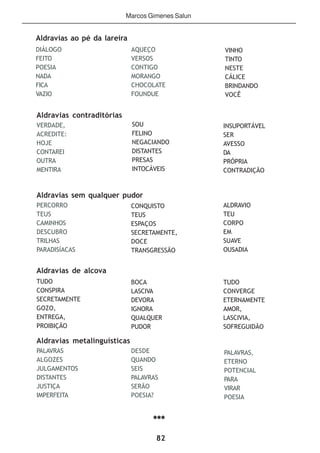 82
Aldravias contraditórias
VERDADE,
ACREDITE:
HOJE
CONTAREI
OUTRA
MENTIRA
SOU
FELINO
NEGACIANDO
DISTANTES
PRESAS
INTOCÁVEIS
INSUPORTÁVEL
SER
AVESSO
DA
PRÓPRIA
CONTRADIÇÃO
Aldravias sem qualquer pudor
PERCORRO
TEUS
CAMINHOS
DESCUBRO
TRILHAS
PARADISÍACAS
CONQUISTO
TEUS
ESPAÇOS
SECRETAMENTE,
DOCE
TRANSGRESSÃO
ALDRAVIO
TEU
CORPO
EM
SUAVE
OUSADIA
Aldravias de alcova
TUDO
CONSPIRA
SECRETAMENTE
GOZO,
ENTREGA,
PROIBIÇÃO
BOCA
LASCIVA
DEVORA
IGNORA
QUALQUER
PUDOR
TUDO
CONVERGE
ETERNAMENTE
AMOR,
LASCIVIA,
SOFREGUIDÃO
Aldravias metalinguísticas
PALAVRAS
ALGOZES
JULGAMENTOS
DISTANTES
JUSTIÇA
IMPERFEITA
DESDE
QUANDO
SEIS
PALAVRAS
SERÃO
POESIA?
PALAVRAS,
ETERNO
POTENCIAL
PARA
VIRAR
POESIA
Marcos Gimenes Salun
Aldravias ao pé da lareira
DIÁLOGO
FEITO
POESIA
NADA
FICA
VAZIO
AQUEÇO
VERSOS
CONTIGO
MORANGO
CHOCOLATE
FOUNDUE
VINHO
TINTO
NESTE
CÁLICE
BRINDANDO
VOCÊ
***
 