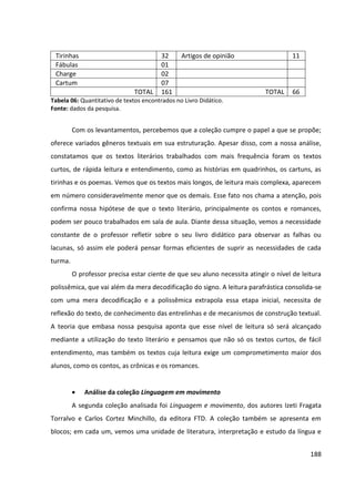 188
Tirinhas 32 Artigos de opinião 11
Fábulas 01
Charge 02
Cartum 07
TOTAL 161 TOTAL 66
Tabela 06: Quantitativo de textos encontrados no Livro Didático.
Fonte: dados da pesquisa.
Com os levantamentos, percebemos que a coleção cumpre o papel a que se propõe;
oferece variados gêneros textuais em sua estruturação. Apesar disso, com a nossa análise,
constatamos que os textos literários trabalhados com mais frequência foram os textos
curtos, de rápida leitura e entendimento, como as histórias em quadrinhos, os cartuns, as
tirinhas e os poemas. Vemos que os textos mais longos, de leitura mais complexa, aparecem
em número consideravelmente menor que os demais. Esse fato nos chama a atenção, pois
confirma nossa hipótese de que o texto literário, principalmente os contos e romances,
podem ser pouco trabalhados em sala de aula. Diante dessa situação, vemos a necessidade
constante de o professor refletir sobre o seu livro didático para observar as falhas ou
lacunas, só assim ele poderá pensar formas eficientes de suprir as necessidades de cada
turma.
O professor precisa estar ciente de que seu aluno necessita atingir o nível de leitura
polissêmica, que vai além da mera decodificação do signo. A leitura parafrástica consolida-se
com uma mera decodificação e a polissêmica extrapola essa etapa inicial, necessita de
reflexão do texto, de conhecimento das entrelinhas e de mecanismos de construção textual.
A teoria que embasa nossa pesquisa aponta que esse nível de leitura só será alcançado
mediante a utilização do texto literário e pensamos que não só os textos curtos, de fácil
entendimento, mas também os textos cuja leitura exige um comprometimento maior dos
alunos, como os contos, as crônicas e os romances.
 Análise da coleção Linguagem em movimento
A segunda coleção analisada foi Linguagem e movimento, dos autores Izeti Fragata
Torralvo e Carlos Cortez Minchillo, da editora FTD. A coleção também se apresenta em
blocos; em cada um, vemos uma unidade de literatura, interpretação e estudo da língua e
 