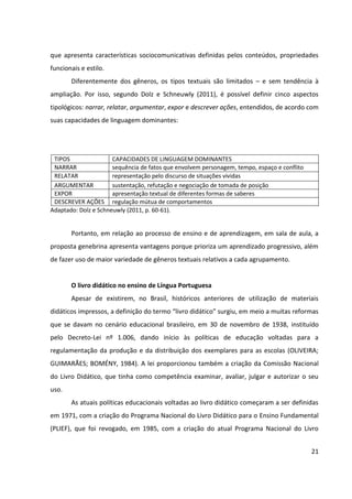 21
que apresenta características sociocomunicativas definidas pelos conteúdos, propriedades
funcionais e estilo.
Diferentemente dos gêneros, os tipos textuais são limitados – e sem tendência à
ampliação. Por isso, segundo Dolz e Schneuwly (2011), é possível definir cinco aspectos
tipológicos: narrar, relatar, argumentar, expor e descrever ações, entendidos, de acordo com
suas capacidades de linguagem dominantes:
TIPOS CAPACIDADES DE LINGUAGEM DOMINANTES
NARRAR sequência de fatos que envolvem personagem, tempo, espaço e conflito
RELATAR representação pelo discurso de situações vividas
ARGUMENTAR sustentação, refutação e negociação de tomada de posição
EXPOR apresentação textual de diferentes formas de saberes
DESCREVER AÇÕES regulação mútua de comportamentos
Adaptado: Dolz e Schneuwly (2011, p. 60-61).
Portanto, em relação ao processo de ensino e de aprendizagem, em sala de aula, a
proposta genebrina apresenta vantagens porque prioriza um aprendizado progressivo, além
de fazer uso de maior variedade de gêneros textuais relativos a cada agrupamento.
O livro didático no ensino de Língua Portuguesa
Apesar de existirem, no Brasil, históricos anteriores de utilização de materiais
didáticos impressos, a definição do termo “livro didático” surgiu, em meio a muitas reformas
que se davam no cenário educacional brasileiro, em 30 de novembro de 1938, instituído
pelo Decreto-Lei nº 1.006, dando início às políticas de educação voltadas para a
regulamentação da produção e da distribuição dos exemplares para as escolas (OLIVEIRA;
GUIMARÃES; BOMÉNY, 1984). A lei proporcionou também a criação da Comissão Nacional
do Livro Didático, que tinha como competência examinar, avaliar, julgar e autorizar o seu
uso.
As atuais políticas educacionais voltadas ao livro didático começaram a ser definidas
em 1971, com a criação do Programa Nacional do Livro Didático para o Ensino Fundamental
(PLIEF), que foi revogado, em 1985, com a criação do atual Programa Nacional do Livro
 