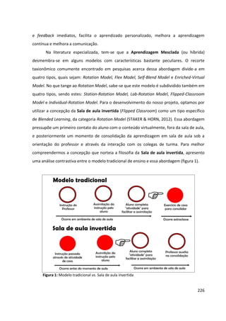 226
e feedback imediatos, facilita o aprendizado personalizado, melhora a aprendizagem
contínua e melhora a comunicação.
Na literatura especializada, tem-se que a Aprendizagem Mesclada (ou híbrida)
desmembra-se em alguns modelos com características bastante peculiares. O recorte
taxionômico comumente encontrado em pesquisas acerca dessa abordagem divide-a em
quatro tipos, quais sejam: Rotation Model, Flex Model, Self-Blend Model e Enriched-Virtual
Model. No que tange ao Rotation Model, sabe-se que este modelo é subdividido também em
quatro tipos, sendo estes: Station-Rotation Model, Lab-Rotation Model, Flipped-Classroom
Model e Individual-Rotation Model. Para o desenvolvimento do nosso projeto, optamos por
utilizar a concepção da Sala de aula invertida (Flipped Classroom) como um tipo específico
de Blended Learning, da categoria Rotation Model (STAKER & HORN, 2012). Essa abordagem
pressupõe um primeiro contato do aluno com o conteúdo virtualmente, fora da sala de aula,
e posteriormente um momento de consolidação da aprendizagem em sala de aula sob a
orientação do professor e através da interação com os colegas de turma. Para melhor
compreendermos a concepção que norteia a filosofia da Sala de aula invertida, apresento
uma análise contrastiva entre o modelo tradicional de ensino e essa abordagem (figura 1).
Figura 1: Modelo tradicional vs. Sala de aula invertida
 