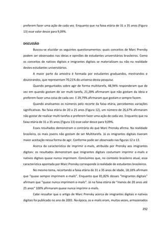 292
preferem fazer uma ação de cada vez. Enquanto que na faixa etária de 31 a 35 anos (Figura
13) esse valor desce para 9,09%.
DISCUSSÃO
Buscou-se elucidar os seguintes questionamentos: quais conceitos de Marc Prensky
podem ser observados nas ideias e opiniões de estudantes universitários brasileiros. Como
os conceitos de nativos digitais e imigrantes digitais se materializam ou não na realidade
destes estudantes universitários.
A maior parte da amostra é formada por estudantes graduandos, mestrandos e
doutorandos, que representam 70,21% do universo desta pesquisa.
Quando perguntados sobre agir de forma multitarefa, 48,94% responderam que de
vez em quando gostam de ser multi tarefa, 21,28% afirmaram que não gostam da ideia e
preferem fazer uma coisa de cada vez. E 29,79% afirmaram que gostam e sempre fazem.
Quando analisamos os números pelo recorte da faixa etária, percebemos variações
significativas. Na faixa etária de 20 a 25 anos (Figura 12), um número de 26,67% afirmaram
não gostar de realizar multi tarefas e preferem fazer uma ação de cada vez. Enquanto que na
faixa etária de 31 a 35 anos (Figura 13) esse valor desce para 9,09%.
Esses resultados demonstram o contrário do que Marc Prensky afirma. Na realidade
brasileira, os mais jovens não gostam de ser Multitarefa. Já os imigrantes digitais tiveram
maior aceitação nessa forma de agir. Conforme pode ser observado nas figuras 12 e 13.
Acerca da característica de imprimir e-mails, atribuída por Prensky aos imigrantes
digitais: os resultados demonstram que imigrantes digitais costumam imprimir e-mails e
nativos digitais quase nunca imprimem. Concluímos que, no contexto brasileiro atual, essa
característica apontada por Marc Prensky corresponde à realidade de estudantes brasileiros.
No mesmo tema, recortando a faixa etária de 31 a 35 anos de idade, 18,18% afirmam
que “quase sempre imprimem e-mails”. Enquanto que 81,82% desses “imigrantes digitais”
afirmam que “quase nunca imprimem e-mails”. Já na faixa etária de “menos de 20 anos até
25 anos“ 100% afirmaram quase nunca imprimir e-mails.
Cabe ressaltar que o artigo de Marc Prensky acerca de imigrantes digitais e nativos
digitais foi publicado no ano de 2001. Na época, os e-mails eram, muitas vezes, armazenados
 