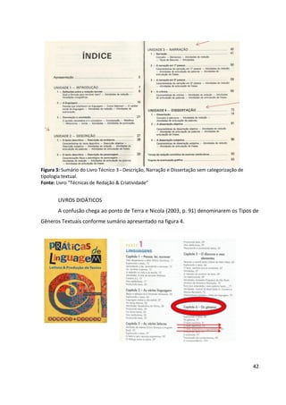 42
Figura 3: Sumário do Livro Técnico 3 - Descrição, Narração e Dissertação sem categorização de
tipologia textual.
Fonte: Livro “Técnicas de Redação & Criatividade”
LIVROS DIDÁTICOS
A confusão chega ao ponto de Terra e Nicola (2003, p. 91) denominarem os Tipos de
Gêneros Textuais conforme sumário apresentado na figura 4.
 
