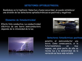 DETECTORES OPTOELECTRICOS.

 Basándose en la hipótesis: llama=luz y humo=oscuridad, se puede establecer
 una división de los detectores optoelectrónicas en positivos y negativos.


    Elementos de fotoelectricidad

Efecto foto conductivo. La conductividad
eléctrica de una barra semiconductora
depende de la intensidad de la luz.



                                              Detectores fotoeléctricos positivos
                                            penetra el semiconductor una
                                            micra. Como consecuencia, si la
                                            fotorresistencia      es      muy
                                            espesa, una gran parte de ella no
                                            recibe luz y la sensibilidad de la
                                            variación se hace más notable
 