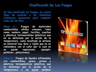 Clasificación De Los Fuegos

Se han clasificado los fuegos, en cuatro
tipos de acuerdo a los elementos
extintores necesarios para combatir
cada uno de ellos.

Clase    A.-    Fuegos    de  materiales
combustibles sólidos comunes, tales
como: madera, papel, textiles, cauchos
y plásticos termoestables (plásticos que
no se deforman por la acción de la
temperatura, como resultado se obtiene
un material muy duro y rígido que no se
reblandece con el calor por lo cual no
se     puede      reprocesar,   ejemplo:
poliéster, poliuretano).

Clase B.- Fuegos de líquidos inflamables
y/o combustibles, gases, grasas y
plásticos termoplásticos (plásticos que
se deforman por la acción de la
temperatura y se puede moldear
 