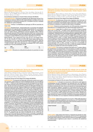 A n a i s d o c o n g r e s s o
48
P-033
Aplicação do Escore de Minnesota em pacientes com Insuficiên-
cia Cardíaca em nosso meio.
MARCOS M. BAROJAS, GILSON S. FEITOSA, FÁBIO VILAS-BOAS, CRISTIANE M. O.
CARVALHO, JOEL A. PINHO, ALINNE S. BERNARDES, PAULO J. B. BARBOSA, MARÇAL
O. HUOYA, ANTONIO C. S. NERY.
Escola Bahiana de Medicina e Saúde Pública Salvador BA BRASIL
FUNDAMENTAÇÃO: O Escore de qualidade de vida “Minnesota Vivendo Com
Insuficiência Cardíaca” (EM) tem tido ampla utilização na prática clínica e de
investigação em insuficiência cardíaca (IC). Concebido nos EUA, necessita
ser validado em outros ambientes.
OBJETIVO: Verificar a confiabilidade da aplicação do EM em pacientes do
nosso meio.
MÉTODOS: Pacientes foram randomizados para: um processo de avaliação
autoaplicável e em seguida pela enfermagem especializada (A); ou primeiro a
enfermagem e depois avaliação autoaplicável (B), de pac. com diagnóstico
de IC por dados clínicos, radiológicos e Escore de Boston (EB). O EM foi
atribuído pelo paciente (PAC) ou pela enfermeira (ENF) sem conhecimento
mútuo. O pacote estatístico SPSS 9 foi utilizado para cálculos estatísticos de
correlação e análise ANOVA de dupla entrada. Significância de P<0,05.
RESULTADOS: 17 pac, idade 52,4±10,6a; masc. 64,7%; D. de Chagas 70,6%;
CF: I 41,2%, II 35,3%, III 17,6% e IV 5,9%; EB 7,8±2,6; baixo nível de esco-
laridade (Esc1) 41,2%, nível maior de escolaridade (Esc2) 58,8%; Teste de
caminhada de 6 min 323±148m; FE 35,8±15,8. Coef. Correlação r de Pearson
= 0,838; p<0,0001. Não houve diferenças de avaliação PAC x ENF quando
ajustado por nível de escolaridade, CF, EB.
CONCLUSÃO: EM pode ser confiavelmente aplicado em pacientes do nosso
meio.
P-034
Diferenças Clínicas entre Homens e Mulheres Internados por In-
suficiência Cardíaca Descompensada: Existe Impacto sobre
Mortalidade?
SHANNA MARTINS, MARCOS MICHELIN, GABRIEL DALLA COSTA, ANIBAL PIRES BORGES,
MARINA VACCARO, BÁRBARA DE BARROS, JORGE AUZANI, MARCUS PICORAL PINTO,
GREICE RAMPON, LUIS BECK DA SILVA, LUIS EDUARDO ROHDE, NADINE CLAUSELL.
Hospital de Clinicas de Porto Alegre Porto Alegre RS BRASIL.
INTRODUÇÃO: As diferenças clínicas entre os gêneros, bem como seu im-
pacto sobre mortalidade em pacientes com insuficiência cardíaca (IC), per-
manecem controversos. Este trabalho objetiva descrever o perfil clínico da IC
em homens e mulheres e o impacto do sexo sobre a mortalidade.
MÉTODOS: Estudo de coorte prospectivo com 563 pacientes consecutivos
internados em um hospital terciário por descompensação aguda de IC.
RESULTADOS: Idade (69±14 vs 65±16 anos, p=0,002) e fração de ejeção
(46%±15% vs 35%±15% , p<0,0001) foram significativamente maiores em
mulheres comparativamente aos homens. Quanto às características clínicas
na admissão, mulheres tiveram mais freqüentemente: palpitação (60% vs 40%;
p=0,003), anorexia (57% vs 43%; p=0,033), fadiga (55% vs 45%; p=0,023) e
freqüência cardíaca >110 (57% vs 43%; p=0,002). Presença de B3 foi maior
em homens (61% vs 39%; p =0,004). Queixa dispnéia foi semelhante em
ambos os gêneros. Homens apresentavam mais freqüentemente história pré-
via de infarto (57% vs 43%, p=0,034), foram mais freqüentemente tratados de
forma invasiva percutânea (59% vs 41%; p=0,015) e por cirurgia de
revascularização (72% vs 28%, p=0,005). O índice de co-morbidades de
Charlson foi maior em homens (2,18 vs1,83, p=0,033). Em análise univariada,
sexo não foi um preditor de morte intra-hospitalar (p=0,67).
CONCLUSÕES: Em homens e mulheres internados por IC, existem diferen-
ças significativas na apresentação clínica da doença, na idade na admissão
hospitalar, na função sistólica e nas co-morbidades. Embora mulheres apre-
sentem função ventricular apenas levemente comprometida e menor índice
de co-morbidades, sua taxa de mortalidade intra-hospitalar não diferiu de pa-
cientes masculinos. Estes dados indicam que mulheres devem ter seu trata-
mento para IC tão intensivo quanto dos homens, apesar de apresentarem
quadros clínicos aparentemente menos graves.
P-035
Rastreamento de Disfunção Ventricular Assintomática em
Puérperas em Hospital Universitário Terciário
JORGE ALBERTO SZMANSKI AUZANI, JULIANA GIL THOMÉ, DENISE VALENTE, LETICIA
CRESTANA, MARCUS PICORAL PINTO, SANDRO CADAVAL GONÇALVES, RAQUEL
MELCHIOR, LETICIA FLECK WIRTH, MARINA VACCARO, ANA CAROLINA PEÇANHA ANTO-
NIO, LUIS EDUARDO ROHDE, NADINE CLAUSELL.
Hospital de Clinicas de Porto Alegre Porto Alegre RS BRASIL.
INTRODUÇÃO: O surgimento de disfunção ventricular é evento raro no perí-
odo periparto, porém implica em morbi-mortalidade elevada. Sua prevalência
(1:1000 – 1:15000) tem sido baseada em estudos retrospectivos que identifi-
cam sinais e sintomas clínicos de insuficiência cardíaca (IC), os quais, entre-
tanto, não são sensíveis para identificar quadros de alterações limítrofes e/ou
tênues da função ventricular. Objetivos: Determinar a prevalência de disfunção
ventricular esquerda assintomática e ICC clínica, sem causa aparente, em
puérperas de um hospital universitário terciário. Material e Métodos: Estudo
transversal observacional prospectivo em um grupo de puérperas, rastreadas
para disfunção ventricular esquerda no período de até 72h pós-parto utilizan-
do-se o ecocardiógrafo ALOKA 730. Foram medidas as dimensões ventriculares
pelo modo-M e aplicado um questionário clínico padronizado. Foi considerada
disfunção ventricular a presença de dilatação ventricular (diâmetro diastólico
[DD] de ventrículo esquerdo [VE] > 5,6 cm) ou redução da fração de ejeção
(FE) de VE (<53%). Resultados: No período de 09/2002 a 06/2004 ocorreram
7279 partos no Hospital de Clínicas de Porto Alegre, sendo rastreadas 832
puérperas (11,43% do total) com idade média de 25 ± 6 anos e idade gestacional
de 39 ± 3 semanas. As principais co-morbidades clínicas encontradas nesta
amostra foram ITU (72[9%]), asma brônquica (43[5%]) e HAS (48 [5,7%]). O
DDVE médio foi 4,7 ± 0,4 cm e a FEVE média foi de 73 ± 8%. Até o momento
foram identificados 8 (1%) casos de disfunção ventricular, 6 sem causa apa-
rente (0,7% ou prevalência de 1:139), sendo 4 sem sintomas associados. Nas
puérperas sem disfunção ventricular o DDVE foi de 4,7±0,3 cm e a FEVE foi
de 74± 7%, enquanto que nos casos de disfunção de VE o DDVE foi de
5,4±1,1 e a FEVE foi de 55±12% (ambos p<0,001). Conclusão: A prevalência
de disfunção ventricular idenficada por ecocardiograma no puerpério foi maior
do que a relatada na literatura conforme quadro clinico.
P-036
A classe funcional de admissão tem relação com os níveis de
fator de necrose tumoral alfa e interleucina 6 em pacientes com
insuficiência cardíaca avançada?
RICARDO MOURILHE ROCHA, DENILSON CAMPOS DE ALBUQUERQUE, ELIAS PIMENTEL
GOUVEA, GUSTAVO LUIZ GOUVEA DE ALMEIDA JUNIOR, VALÉRIA MARTINS SOARES DOS
SANTOS, BRUNO VIANA AMARAL, ROBERTO ESPORCATTE, BERNARDO RANGEL TURA,
FRANCISCO MANES ALBANESI FILHO.
Universidade do Estado do Rio de Janeiro Rio de Janeiro RJ BRASIL.
FUNDAMENTOS: A ativação de mecanismos inflamatórios está ligada às
manifestações clínicas e prognóstico nos pacientes (pc) com insuficiência
cardíaca (IC). A interleucina 6 (IL6) e o fator de necrose tumoral alfa (TNFa)
constituem preditores de morte. Há poucos estudos na nossa população com
estes marcadores. Objetivo: Comparar os níveis séricos da IL6 e do TNFa
com a classe funcional (CF) da NYHA de pacientes com IC grave. Metodologia:
Estudo de coorte com 78 pc portadores de IC. A fração de ejeção (FE) média
foi de 30,9 ± 9,08%. A idade média foi de 62±12 anos, sexo masculino em
79%, a cor branca em 79% e etiologia não isquêmica em 56,4%. Distribuimos
estes indivíduos por classe funcional e verificamos a proporção daqueles com
TNFa e IL6 elevados com sua respectiva relevância estatística (qui-quadra-
do).
RESULTADOS: Observamos que tanto a IL 6 como o TNFa estão elevados e
com expressiva diferença estatística nos indivíduos em CF IV da NYHA. Não
houve relação para os valores observados entre as demais classes funcionais.
Estes dados são mostrados na tabela abaixo.
CONCLUSÃO: Estes dados demonstram a magnitude da ativação do siste-
ma neurohumoral/inflamatório nos pacientes com IC em CF IV, expressando
a gravidade deste subgrupo. Estes indivíduos devem ter abordagem terapêu-
tica diferenciada e agressiva para reduzir a ocorrência de desfechos
cardiovasculares.
 