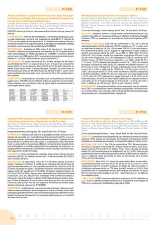 A n a i s d o c o n g r e s s o
72
P-129
Análise da Melhora da Qualidade de Vida 1 Ano Após Transplan-
te Autólogo de Células Mononucleares da Medula Óssea em Pa-
cientes com Insuficiência Cardíaca Grave
CHRISTINE M. RUTHERFORD, SUZANA A. DA SILVA, ANDREA HADDAD, EMERSON PERIN,
ANDRE L. S. SOUSA, RODRIGO VERNEY, JOÃO ALEXANDRE ASSAD, FABIO A. TUCHE,
FERNANDA NOGUEIRA, HANS J. DOHMANN, HANS FERNANDO DOHMANN.
PROCEP-Centro de Ensino e Pesquisas do Pró-Cardíaco Rio de Janeiro RJ
BRASIL
FUNDAMENTOS: Além da alta mortalidade, a insuficiência cardíaca(IC) gra-
ve está relacionada com uma pior qualidade de vida(QDV). A melhora da
QDV é um dos objetivos do tratamento da IC. Avaliamos os aspectos físicos e
emocionais de pts com IC isquêmica grave, submetidos ao transplante autólogo
de células mononucleares da medula óssea(TACMMO).
METODOLOGIA: Avaliação da QDV antes, 8, 24 semanas e 1 ano após o
TACMMO, utilizando os questionários Minnessota e SF-36. Os questionários
foram administrados em 14 pts submetidos ao TACMMO (12 homens, 56,9±8
anos), todos com IAM prévio e 64% revascularizados cirugicamente (grupo
tratado=GT). Outros 7 pts formaram o grupo controle(GC).
RESULTADOS: O escore resumido do SF-36 teve variação de 48,4±20,9
para 72,9±24,5(p=0,01) no seguimento de 1 ano. O resumo do componente
mental (RCM) e do componente físico (RCF) do SF-36 estão descritos na
tabela. Estes dados foram corroborados pelo resultado do escore total do
Minnessota que variou de 46,5±18,7 para 23,9±16(p=0,0001), assim como
pelos resultados das dimensões física e emocional (DF e DE) também descri-
tas na tabela.
CONCLUSÃO: A avaliação dos pts sobre a sua condição física e emocional
sugere que o TACMMO pode melhorar ambos os aspectos da vida destes.
Outros estudos com um número maior de pts se fazem necessários para a
confirmação destes dados.
P-130
Mortalidade pós-terapia de ressincronização cardíaca
EVILASIO LEOBINO DA SILVA JUNIOR, SILAS DOS SANTOS GALVAO FILHO, JOSÉ TARCÍSIO
MEDEIROS DE VASCONCELOS, CECILIA MONTEIRO B. BARCELLOS, KELLY BAYOUD DE
RESENDE FERNANDES, THAIS POVOA CRUZ DE VELASCO LIMA, ERLISON KLEBER
MARTINS, FABIANA FUMAGALLI, ANTONIO GABRIEL DE MORAIS JUNIOR, CLAUDIA DA
SILVA FRAGATA.
Clínica de Ritmologia Cardíaca-Hosp. Benef. Port. SP São Paulo SP Brasil.
OBJETIVO: Analisar o número, a causa mortis e características dos pts. que
evoluiram com óbito em nossa experiência com a Terapia de Ressincronização
Cardíaca (TRC) no tratamento da Insuficiência Cardíaca Congestiva (ICC)
refratária.
MATERIAL E MÉTODOS: Dos 175 pts. submetidos à TRC, 43,1% era de
etiologia idiopática, 24,3% isquêmica, 22,5% chagásica e 10,1% outras, com
um seguimento médio de 14,29 ± 13,64 meses, 114 (69,1%) do sexo mascu-
lino. Ocorreram 50 óbitos (30,3% dos pts em seguimento). A idade média foi
de 59,9 anos. Destes óbitos 22 (44%) foi por MS, 12 (24%) ICC, 07 (14%)
FMO e 09 (18%) outras causas. Foi observado no grupo de MS que 10 pts
(44,5%) eram chagásicos, 07 (32,8%) idiopáticos, 01 (4,5%) isquêmico e 04
(18,2%) outras; 19 (86,4%) do sexo masculino, com idade média 55,78 ±
11,17 anos; 11 (50%) estavam em classe funcional IV e 11 (50%) em III antes
da terapia, momento do óbito 05 (22,7%) estavam em classe funcional I, 14
(63,7%) em II e 03 (13,6%) em III; a fração de ejeção pré era de 0,29 (± 0,07)
e pós 0,30 (± 0,09); o QRS pré de 192,69 ms (± 30,72) e pós 145 ms (±
10,87). Já no grupo de ICC 03 (25%) eram isquêmicos, 03 (25%) chagásicos
e 06 (50%) idiopático; 08 (66,7%) do sexo masculino com idade média de 62
± 12,01 anos; 09 (75%) estavam em classe funcional IV e 03 (25%) em III
antes da terapia, momento do óbito 09 (75%) estavam em classe funcional II
e 03 (25%) em III; a fração de ejeção pré era de 0,33 (± 0,07) e pós 0,36 (±
0,07); o QRS pré de 183,33 ms (± 20,65) e pós 138 ms (± 13,29).
CONCLUSÕES: A despeito da melhora clínica observada nos pts. submeti-
dos a TRC, a mortalidade se mostrou elevada conseqüente, na grande maio-
ria, a morte súbita, o que nos leva a inferir um grande beneficio da associação
dessa terapia com o cardiodesfibrilador implantável.
P-131
Evolução tardia de pacientes submetidos a ressincronizaçao com
estimulaçao biventricular: Seguimento de até 59 meses.
JOAO CARLOS FERREIRA LEAL, MARIA CHRISTIANE VALERIA BRAGA BRAILE, LUIS
ERNESTO AVANCI, ACHILLES ABELAIRA FILHO, MOACIR FERNANDES DE GODOY, DOMIN-
GO MARCOLINO BRAILE.
Hospital Beneficência Portuguesa São José do Rio Preto SP Brasil
INTRODUÇÃO: Na busca de melhorar a qualidade de vida e diminuir a mor-
talidade de pacientes com insuficiência cardíaca congestiva (ICC), novas al-
ternativas surgiram, entre elas, a estimulação biventricular. O objetivo do pre-
sente estudo foi analisar em longo prazo, a qualidade de vida (“Minnesota
Code”), a sobrevivência (curva Kaplan-Meier), o comportamento de parâmetros
ecocardiograficos e a influência prognóstica da presença de troponina I no
sangue periférico de pacientes submetidos a ressincronizaçao dos ventriculos,
com seguimento de até 59 meses.
CASUÍSTICA: Foram estudados 33 pacientes. Desse grupo, 20 eram do sexo
masculino (60,6%). As idades variaram de 41 a 84 anos (média 65,57±30,4
anos; mediana 64 anos.
RESULTADOS: O seguimento variou de 1 a 59 meses (média 24,6±14,5
meses; mediana=24 meses). A qualidade de vida pelo Minnesota Code foi
significantemente melhor no pós-operatório sendo de 73 pontos no pré e 36
na última avaliação (P<0,0001); O diâmetro diastólico ventricular esquerdo se
reduziu de 65 mm para 60 mm (P=0,0014); a fração de ejeção aumentou de
0,37 para 0,47 (P=0,0004). Apesar disso a sobrevivência ao final de 59 meses
foi baixa (47,1±13,3%). Houve nítida correlação entre ocorrência de óbitos e
troponina-I acima dos valores normais. Dos 23 pacientes nos quais a dosa-
gem foi feita, 6 faleceram. Esses 6 faziam parte do grupo de 8 com troponina-
I acima do valor normal. Nos 15 com troponina normal não ocorreram óbitos
durante o tempo de seguimento (P=0,0003).
CONCLUSÃO: A utilização de ressincronização ventricular melhora a quali-
dade de vida e parâmetros ecocardiográficos. Não é suficiente porém para
prolongar significativamente a sobrevivência em relação ao tratamento clínico
isolado. A presença de troponina-I no sangue circulante pode ser um marcador
de maior risco de óbito.
P-132
Terapia de ressincronização cardíaca em chagas
CLAUDIA DA SILVA FRAGATA, SILAS DOS SANTOS GALVAO FILHO, CECILIA MONTEIRO B.
BARCELLOS, JOSÉ TARCÍSIO MEDEIROS DE VASCONCELOS, KELLY BAYOUD DE RESENDE
FERNANDES, THAIS POVOA CRUZ DE VELASCO LIMA, FABIANA FUMAGALLI, ANTONIO
GABRIEL DE MORAIS JUNIOR, ERLISON KLEBER MARTINS, EVILASIO LEOBINO DA SILVA
JUNIOR.
Clínica de Ritmologia Cardíaca - Hosp. Benef. Port. SP São Paulo SP Brasil.
OBJETIVO: Apresentar nossa experiência com a terapia de ressincronização
cardíaca (TRC) através da estimulação biventricular no tratamento da ICC
refratária em pacientes(pts) portadores Cardiopatia Chagásica Crônica (CCC).
MATERIAL E MÉTODOS: Dos 175 pts submetidos à TRC, 36 eram portado-
res de CCC, sendo 24 homens (66.6%).A idade média era de 54±10.30 anos,
classe funcional NYHA (CF) III em 20pts e IV em 16pts. A Fração de Ejeção
média (FE) ao Ecocardiograma pré-implante foi de 0.27±0.08. Todos os pts
apresentavam distúrbio de condução interventricular (QRS médio de 184±22.5
ms) e a distância média percorrida no Teste de Caminhada de 6 minutos
(TC6) de 130±160 metros.
RESULTADOS: Após 11.8±11.4 meses de seguimento médio, houve melho-
ra da classe funcional, com 5pts em CF III, 27 pts em CF II e 3 em CF I. A FE
média atual é de 0.31 (p<0.001). A largura do QRS é de 143 ms (p<0.001) e
a distância média percorrida no TC6 atual é de 442 metros (p< 0.001). Dois
pacientes foram a Transplante Cardíaco eletivamente e ocorreram 13 óbitos
(36.1%), sendo 6 mortes súbitas, 5 por ICC, 1 por Pneumonia e 1 por falência
de múltiplos órgãos.
CONCLUSÃO: A TRC mostrou-se efetiva no tratamento da ICC refratária na
CCC. A alta incidência de morte súbita nos leva a considerar a associação da
TRC com o cardioversor desfibrilador implantável (CDI).
 