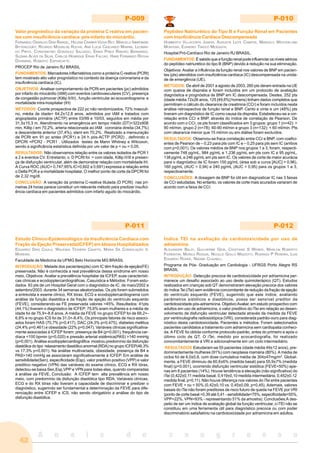 A n a i s d o c o n g r e s s o
42
P-009
Valor prognóstico da variação da proteína C reativa em pacien-
tes com insuficiência cardíaca pós-infarto do miocárdio.
FERNANDO OSWALDO DIAS RANGEL, HELENA CRAMER VEIGA REY, MARCELO IMBROINISE
BITTENCOURT, RICARDO MOURILHE ROCHA, ANA LUCIA CASCARDO MARINS, LEONAR-
DO PINTO, CONSTANTINO GONZALEZ SALGADO, ERIKA PIRES RIBEIRO BERNARDO,
SUZANA ALVES DA SILVA, CARLOS HENRIQUE EIRAS FALCAO, HANS FERNANDO ROCHA
DOHMANN, ROBERTO ESPORCATTE.
PROCEP Rio de Janeiro RJ BRASIL
FUNDAMENTOS: Marcadores inflamatórios como a proteína C-reativa (PCRt)
tem mostrado alto valor prognóstico no contexto da doença coronariana e da
insuficiência cardíaca (IC).
OBJETIVOS: Analisar comportamento da PCRt em pacientes (pc) admitidos
por infarto do miocárdio (IAM) com eventos cardiovasculares (CV), presença
de congestão pulmonar (Killip II/III) , função ventricular ao ecocardiograma e
mortalidade intra-hospitalar (IH)
MÉTODOS: Coorte prospectiva de 222 pc não randomizados, 72% masculi-
no, média de idade= 64,2±12,8 anos, admitidos por IAM e tratados com
angioplastia primária (ACTP) entre 03/99 e 10/03, seguidos em média por
31,5±15,3 m. Atendimento na emergência em tempo médio (DT)=322±908
min, Killip I em 70,2%, arteria relacionada ao IAM: coronária direita (34,7%)
e descendente anterior (37,4%), stent em 70,2%. Realizado a mensuração
de PCRt em 91 pc antes (PCR1) e 24 h pós-ACTP (PCR2) , definindo o
DPCRt =PCR2 - PCR1 . Utilizados testes de Mann Whitney e Wilcoxon,
sendo a significância estatística definida por um valor de p < ou = 0,05.
RESULTADOS: Não observamos relação entre os valores isolados de PCR 1
e 2 e eventos CV. Entretanto, o D PCRt foi > com idade, Killip II/III e presen-
ça de disfunção ventricular, além de demonstrar relação com mortalidade IH.
A Curva ROC (AUC= 0,747;95% IC=0,602 a 0,691) expressa a relação entre
o Delta PCR e a mortalidade hospitalar. O melhor ponto de corte da DPCRt foi
de 2,32 mg/dl.
CONCLUSÃO: A variação da proteína C-reativa titulada (D PCRt) nas pri-
meiras 24 horas parece constituir um relevante método para predizer insufici-
ência cardíaca em pacientes admitidos com infarto agudo do miocárdio.
P-010
Peptídeo Natriurético do Tipo B e Função Renal em Pacientes
com Insuficiência Cardíaca Descompensada
HUMBERTO VILLACORTA JUNIOR, AUGUSTA LEITE CAMPOS, MARCELO WESTERLUND
MONTERA, EVANDRO TINOCO MESQUITA.
Hospital Pró-Cardíaco Rio de Janeiro RJ BRASIL.
FUNDAMENTOS:É sabido que a função renal pode influenciar os níveis séricos
do peptídeo natriurético do tipo B (BNP) devido à redução na sua eliminação.
Objetivos: Avaliar a influência da função renal nos valores de BNP em pacien-
tes (pts) atendidos com insuficiência cardíaca (IC) descompensada na unida-
de de emergência (UE).
MÉTODOS: De abril de 2001 a agosto de 2003, 260 pts deram entrada na UE
com queixa de dispnéia e foram incluídos em um protocolo de avaliação
diagnóstica e prognóstica de BNP em IC descompensada. Destes, 252 pts
(idade média 72±26 anos, 125 [49,6%] homens) tinham dados completos que
permitiram o cálculo do clearance de creatinina (CCr) e foram incluídos nesta
análise retrospectiva de função renal e BNP. Cento e vinte e um (48%) pts
tiveram um diagnóstico de IC como causa da dispnéia. Estabeleceu-se a cor-
relação entre CCr e BNP, através do índice de correlação de Pearson. De
acordo com o CCr, os pts foram classificados em 3 grupos: grupo 1 (n=42): >
90 ml/min, grupo 2 (n=78): 60-90 ml/min e grupo 3 (n=132): < 60 ml/min. Pts
com clearance menor que 15 ml/min ou em diálise foram excluídos.
RESULTADOS: Observou-se fraca correlação entre CCr e BNP, com coefici-
entes de Pearson de – 0,23 para pts com IC e – 0,25 para pts sem IC (ambos
com p<0,001). Os valores médios de BNP nos grupos 1 a 3, foram, respecti-
vamente 748 pg/mL, 984 pg/mL e 1.236 pg/mL em pts com IC e 95 pg/mL,
138 pg/mL e 246 pg/mL em pts sem IC. Os valores de corte de maior acurácia
para o diagnóstico de IC foram 100 pg/mL (área sob a curva [AUC] = 0,96),
160 pg/mL (AUC = 0,94) e 240 pg/mL (AUC = 0,95) para os grupos 1 a 3,
respectivamente.
CONCLUSÕES: A dosagem de BNP foi útil em diagnosticar IC nas 3 faixas
de CCr estudadas. No entanto, os valores de corte mais acurados variaram de
acordo com a faixa de CCr.
P-011
Estudo Clínico-Epidemiológico da Insuficiência Cardíaca com
Fração de Ejeção Preservada(ICFEP) em Idosos Hospitalizados
EDUARDO DIAS CHULA, WALESKA TEIXIERA CAIAFFA, MARIA DA CONSOLAÇÃO V.
MOREIRA.
Faculdade de Medicina da UFMG Belo Horizonte MG BRASIL
INTRODUÇÃO: Metade dos pacientes(pts) com IC têm fração de ejeção(FE)
preservada. Não é conhecida a real prevalência dessa síndrome em nosso
meio. Objetivos: Avaliar a prevalência hospitalar da ICFEP, suas característi-
cas clínicas e ecodopplercardiográficas .Casuística e Métodos: Foram estu-
dados 93 pts de um Hospital Geral com o diagnóstico de IC, de maio/2002 a
setembro/2003, durante 34 semanas aleatorizadas. Os pts foram submetidos
a entrevista e exame clínico, RX tórax, ECG e ecodopplercardiograma com
análise da função diastólica e da fração de ejeção do ventrículo esquerdo
(FEVE), considerando-se FE preservada valores >45%. Resultados: 41pts
(44,1%) tiveram o diagnóstico de ICFEP; 75,6% eram mulheres e a média de
idade foi de 75,9+-8,8 anos. A média da FEVE no grupo ICFEP foi de 68,2+-
6,8% e no grupo ICS foi de 31,0+-8,4%. Os principais fatores de risco associ-
ados foram HAS (70,7% p=0,417), DAC (24,3% p=0,475), diabetes mellitus
(24,4% p=0,461) e obesidade (22% p=0,047). Variáveis clínicas significativa-
mente associadas à ICFEP foram: presença de B4 (p<0,001), frequência car-
díaca <100 bpmin (p=0,020) e pressão arterial sistêmica(PAS) >140 mmHg
(p=0,001). Análise ecodopplercardiográfica mostrou predomínio da disfunção
diastólica do tipo relaxamento diastólico anormal (RDA) no grupo ICFEP(46,3%
vs 17,3% p=0,001). Na análise multivariada, obesidade, presença de B4 e
PAS>140 mmHg se associaram significativamente à ICFEP. Em análise de
sensibilidade(Sen), especificidade (Esp), valor preditivo positivo (VPP) e valor
preditivo negativo (VPN) das variáveis do exame clínico, ECG e RX tórax,
detectou-se baixa Sen,Esp,VPP e VPN para todas elas, quando comparadas
à análise da FEVE. Conclusão: A ICFEP tem alta prevalência em nosso
meio, com predomínio da disfunção diastólica tipo RDA. Variáveis clínicas,
ECG e do RX tórax não tiveram a capacidade de discriminar e predizer o
diagnóstico, sugerindo ser fundamental a determinação da FEVE para dife-
renciação entre ICFEP e ICS, não sendo obrigatório a análise do tipo de
disfunção diastólica.
P-012
Índice TEI na avaliação da cardiotoxicidade por uso de
adriamicina
ALEXANDRE BALDI, GUILHERME GEIB, CRISTIANE S WEBER, MARLON ROBERTO
FIORENTINI, MURILO ROGGIA, NICOLLE GOLLO MAZZOTTI, RODRIGO P PEREIRA, LUIS
EDUARDO ROHDE, NADINE CLAUSELL.
Programa de Pós- Graduação em Cardiologia - UFRGS Porto Alegre RS
BRASIL
INTRODUÇÃO: Detecção precoce de cardiotoxicidade por adriamicina per-
manece um desafio associado ao uso deste quimioterápico (QT). Estudos
realizados em crianças sob QT demonstraram elevação precoce dos valores
do índice Tei (iTei) sem evidência concomitante de redução da fração de ejeção
do ventrículo esquerdo (FEVE), sugerindo que este índice, avaliando
parâmetros sistólicos e diastólicos, possa ser sensível preditor de
cardiotoxicidade pós-adriamicina. Objetivo:Avaliar, em estudo prospectivo com
adultos em uso de adriamicina, o valor preditivo do iTei em relação ao desen-
volvimento de disfunção ventricular detectada através da medida da FEVE
por ventriculografia radiosiotópica (VRI), considerada padrão-ouro para diag-
nóstico desta cardiotoxicidade. Pacientes e métodos: Foram selecionados
pacientes candidatos a tratamento com adriamicina sem cardiopatia conheci-
da. A FEVE foi obtida conforme protocolo-padrão, antes do primeiro e após o
último ciclo de QT. O iTei, medido por ecocardiografia, foi realizado
concomitantemente à VRI e adicionalmente em um ciclo intermediário.
RESULTADOS:Estudaram-se 55 pacientes (idade média 49±12 anos), pre-
dominantemente mulheres (91%) com neoplasia mamária (80%). A média de
ciclos foi de 6,0±0,8, com dose cumulativa média de 304±47mg/m². Global-
mente, a FEVE diminuiu de 60,6±6% (medida basal) para 55,9±7% (medida
final) (p<0,001), ocorrendo disfunção ventricular sistólica (FEVE<50%) ape-
nas em 8 pacientes (14%). Houve tendência a elevação (não significativa) do
iTei (0,422±0,11 medida basal, 0,419±0,10 medida intermediária, 0,452±0,12
medida final, p=0,11). Não houve diferença nos valores do iTei entre pacientes
com FEVE > ou < 50% (0,42±0,10 vs. 0,45±0,09, p=0,45). Ademais, valores
basais do iTei não foram preditores de risco futuro de queda na FEVE por VRI
(ponto de corte basal >0,39 até 0,41 - sensibilidade=75%, especificidade=55%,
VPP=22%, VPN=93% - representando 51% da amostra). Conclusões:A des-
peito de ser um índice de avaliação global da função ventricular, o iTEI não se
constituiu em uma ferramenta útil para diagnóstico precoce ou com poder
discriminatório satisfatório na cardiotoxicidade por adriamicina em adultos.
 