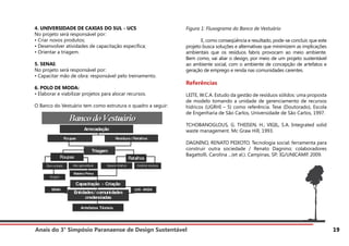 Anais do 3° Simpósio Paranaense de Design Sustentável 19
4. UNIVERSIDADE DE CAXIAS DO SUL - UCS
No projeto será responsável por:
• Criar novos produtos;
• Desenvolver atividades de capacitação específica;
• Orientar a triagem.
5. SENAI:
No projeto será responsável por:
• Capacitar mão de obra: responsável pelo treinamento.
6. POLO DE MODA:
• Elaborar e viabilizar projetos para alocar recursos.
O Banco do Vestuário tem como estrutura o quadro a seguir:
Figura 1: Fluxograma do Banco de Vestuário
	 E, como conseqüência e resultado, pode-se concluir, que este
projeto busca soluções e alternativas que minimizem as implicações
ambientais que os resíduos fabris provocam ao meio ambiente.
Bem como, vai aliar o design, por meio de um projeto sustentável
ao ambiente social, com o ambiente de concepção de artefatos e
geração de emprego e renda nas comunidades carentes.
Referências
LEITE, W.C.A. Estudo da gestão de resíduos sólidos: uma proposta
de modelo tomando a unidade de gerenciamento de recursos
hídricos (UGRHI – 5) como referência. Tese (Doutorado), Escola
de Engenharia de São Carlos, Universidade de São Carlos, 1997.
TCHOBANOGLOUS, G. THEISEN, H.; VIGIL, S.A. Integrated solid
waste management. Mc Graw Hill, 1993.
DAGNINO, RENATO PEIXOTO. Tecnologia social: ferramenta para
construir outra sociedade / Renato Dagnino; colaboradores
Bagattolli, Carolina ...(et al.). Campinas, SP.: IG/UNICAMP, 2009.
 