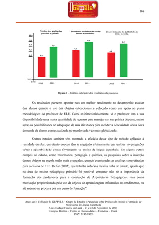 165

Figura 1 – Gráfico indicador dos resultados da pesquisa.

Os resultados parecem apontar para um melhor rendimento no desempenho escolar
dos alunos quando o uso dos objetos educacionais é colocado como um apoio ao plano
metodológico do professor de ELE. Como exibimosinicialmente, se o professor tem a sua
disponibilidade uma maior quantidade de recursos para manejar em sua prática docente, maior
serão as possibilidades de adequação de suas atividades para atender a necessidade dessa nova
demanda de alunos contextualizada no mundo cada vez mais globalizado.
Outros estudos também têm mostrado a eficácia desse tipo de método aplicado à
realidade escolar, entretanto poucos têm se engajado efetivamente em realizar investigações
sobre a aplicabilidade dessas ferramentas no ensino de língua espanhola. Em alguns outros
campos do estudo, como matemática, pedagogia e química, as pesquisas sobre a inserção
desses objetos na escola estão mais avançadas, quando comparadas as análises concretizadas
para o ensino de ELE. Behar (2005), que trabalha sob essa mesma linha de estudo, aponta que
na área de ensino pedagógico primário―foi possível constatar não só a importância da
formação dos professores para a construção de Arquiteturas Pedagógicas, mas como
motivação proporcionada pelo uso de objetos de aprendizagem influenciou no rendimento, ou
até mesmo na procura por um curso de formação‖.

Anais do II Colóquio do GEPPELE – Grupo de Estudos e Pesquisas sobre Práticas de Ensino e Formação de
Professores de Língua Espanhola
Universidade Federal do Ceará – 21 e 22 de Novembro de 2013
Campus Benfica – Centro de Humanidades – Fortaleza – Ceará
ISSN: 2237-8979

 