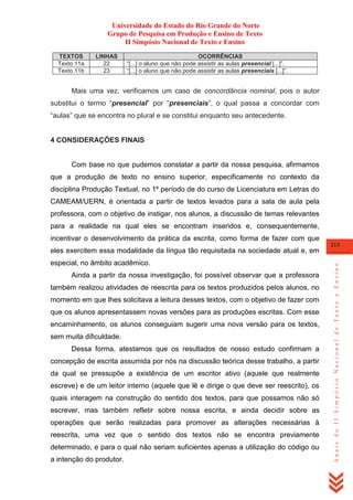 Universidade do Estado do Rio Grande do Norte
Grupo de Pesquisa em Produção e Ensino de Texto
II Simpósio Nacional de Texto e Ensino
TEXTOS
Texto 11a
Texto 11b

LINHAS
22
23

OCORRÊNCIAS
―[...] o aluno que não pode assistir as aulas presencial [...]‖.
―[...] o aluno que não pode assistir as aulas presenciais [...]‖.

Mais uma vez, verificamos um caso de concordância nominal, pois o autor
substitui o termo ―presencial‖ por ―presenciais‖, o qual passa a concordar com
―aulas‖ que se encontra no plural e se constitui enquanto seu antecedente.

4 CONSIDERAÇÕES FINAIS

Com base no que pudemos constatar a partir da nossa pesquisa, afirmamos
que a produção de texto no ensino superior, especificamente no contexto da
disciplina Produção Textual, no 1º período de do curso de Licenciatura em Letras do
CAMEAM/UERN, é orientada a partir de textos levados para a sala de aula pela
professora, com o objetivo de instigar, nos alunos, a discussão de temas relevantes
para a realidade na qual eles se encontram inseridos e, consequentemente,
incentivar o desenvolvimento da prática da escrita, como forma de fazer com que

especial, no âmbito acadêmico.
Ainda a partir da nossa investigação, foi possível observar que a professora
também realizou atividades de reescrita para os textos produzidos pelos alunos, no
momento em que lhes solicitava a leitura desses textos, com o objetivo de fazer com
que os alunos apresentassem novas versões para as produções escritas. Com esse
encaminhamento, os alunos conseguiam sugerir uma nova versão para os textos,
sem muita dificuldade.
Dessa forma, atestamos que os resultados de nosso estudo confirmam a
concepção de escrita assumida por nós na discussão teórica desse trabalho, a partir
da qual se pressupõe a existência de um escritor ativo (aquele que realmente
escreve) e de um leitor interno (aquele que lê e dirige o que deve ser reescrito), os
quais interagem na construção do sentido dos textos, para que possamos não só
escrever, mas também refletir sobre nossa escrita, e ainda decidir sobre as
operações que serão realizadas para promover as alterações necessárias à
reescrita, uma vez que o sentido dos textos não se encontra previamente
determinado, e para o qual não seriam suficientes apenas a utilização do código ou
a intenção do produtor.

213

Anais do II Simpósio Nacional de Texto e Ensino

eles exercitem essa modalidade da língua tão requisitada na sociedade atual e, em

 