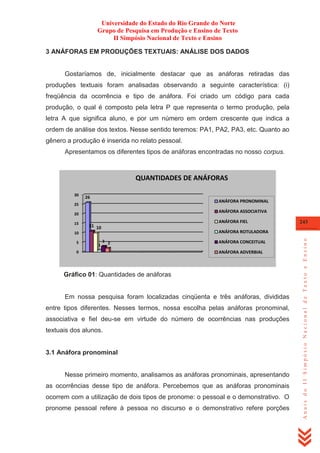 Universidade do Estado do Rio Grande do Norte
Grupo de Pesquisa em Produção e Ensino de Texto
II Simpósio Nacional de Texto e Ensino
3 ANÁFORAS EM PRODUÇÕES TEXTUAIS: ANÁLISE DOS DADOS

Gostaríamos de, inicialmente destacar que as anáforas retiradas das
produções textuais foram analisadas observando a seguinte característica: (i)
freqüência da ocorrência e tipo de anáfora. Foi criado um código para cada
produção, o qual é composto pela letra P que representa o termo produção, pela
letra A que significa aluno, e por um número em ordem crescente que indica a
ordem de análise dos textos. Nesse sentido teremos: PA1, PA2, PA3, etc. Quanto ao
gênero a produção é inserida no relato pessoal.
Apresentamos os diferentes tipos de anáforas encontradas no nosso corpus.

QUANTIDADES DE ANÁFORAS
26

ANÁFORA PRONOMINAL

25

ANÁFORA ASSOCIATIVA

20
15

ANÁFORA FIEL

11 10

ANÁFORA ROTULADORA

10
5

1

243

3 2

0

ANÁFORA CONCEITUAL
ANÁFORA ADVERBIAL

Gráfico 01: Quantidades de anáforas

Em nossa pesquisa foram localizadas cinqüenta e três anáforas, divididas
entre tipos diferentes. Nesses termos, nossa escolha pelas anáforas pronominal,
associativa e fiel deu-se em virtude do número de ocorrências nas produções
textuais dos alunos.

3.1 Anáfora pronominal

Nesse primeiro momento, analisamos as anáforas pronominais, apresentando
as ocorrências desse tipo de anáfora. Percebemos que as anáforas pronominais
ocorrem com a utilização de dois tipos de pronome: o pessoal e o demonstrativo. O
pronome pessoal refere à pessoa no discurso e o demonstrativo refere porções

Anais do II Simpósio Nacional de Texto e Ensino

30

 