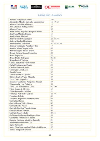 12
Lista dos Autores
Adriano Marques de Souza 103
Alessandra Mendes Carvalho Vasconcelos 15, 17, 65
Alesson Pires Maciel Guirra 17
Alex Christian Rohrig Hubbe 23
Allyson Cramer 95
Ana Carolina Mayrinck Braga de Moura 19
Ana Clara Mendes Caixeta 15
Ana Paula de São José 21
André Gomide Vasconcelos 23, 27, 55
Andréia Bicalho Henriques 101
Antoniel Silva Fernandes 31, 37, 51, 85
Antônio Conceição Paranhos Filho 17
Antônio Vitor Campos Maia 85
Bárbara Regina Batista Soares 25
Brenda Stefany Soares Fernandes 89
Bruna Fagundes 27
Bruno Durão Rodrigues 21, 25
Bruno Pandolf Ladeira 29
Camila de Fatima Vaz Neuman 31
Carla Cristina Alves Pereira 33
Carolina Gomes Ribeiro 35
Conceição Lima Lopes 53
Daniel Correa 57
Daniel Duarte de Oliveira 53
Débora Evelyn Vieira Almeida 37
Derza Costa Nogueira 53
Diógenes Guilherme Pampolini Amaral 69
Elison André Leal Pinheiro 39
Fábio Luis Bondezan da Costa 41, 103
Fábio Soares de Oliveira 63
Felipe Fernandes Ladislau 21
Fernando Pletschette Galvão 43, 77
Francisco Toledo 85
Frederico Augusto Alves Gonçalves 45
Gabriel de Barros 91
Gabriel Lucas Vieira Lázaro 47
Gabriel Rocha Passos 49
Gabriela Carolina Vicente Alves 51
Gabriela Meira Teixeira 93
Gabriela Pires Follador 27, 55
Gefferson Guilherme Rodrigues Silva 53
Guilherme Fernandes de Souza 25
Gustavo Henrique Medeiros Resende 21
Heloisa Helena Gomes Coe 65
Ingrid Fernandes 55
Isabel Pires Mascarenhas Ribeiro de Oliveira 57
Isabela Sampaio Carvalho 17
 