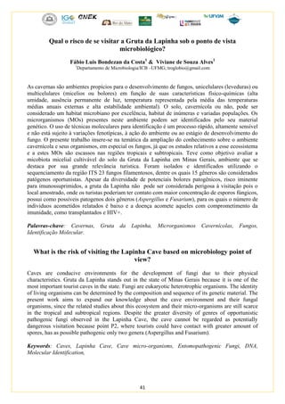 41
Qual o risco de se visitar a Gruta da Lapinha sob o ponto de vista
microbiológico?
Fábio Luis Bondezan da Costa1
& Viviane de Souza Alves1
1
Departamento de Microbiologia/ICB –UFMG; troglobio@gmail.com
As cavernas são ambientes propícios para o desenvolvimento de fungos, unicelulares (leveduras) ou
multicelulares (micelios ou bolores) em função de suas características físico-químicas (alta
umidade, ausência permanente de luz, temperatura representada pela média das temperaturas
médias anuais externas e alta estabilidade ambiental). O solo, cavernícola ou não, pode ser
considerado um habitat microbiano por excelência, habitat de inúmeras e variadas populações. Os
microrganismos (MOs) presentes neste ambiente podem ser identificados pelo seu material
genético. O uso de técnicas moleculares para identificação é um processo rápido, altamente sensível
e não está sujeito à variações fenotípicas, à ação do ambiente ou ao estágio de desenvolvimento do
fungo. O presente trabalho insere-se na temática da ampliação do conhecimento sobre o ambiente
cavernícola e seus organismos, em especial os fungos, já que os estudos relativos a esse ecossistema
e a estes MOs são escassos nas regiões tropicais e subtropicais. Teve como objetivo avaliar a
micobiota micelial cultivável do solo da Gruta da Lapinha em Minas Gerais, ambiente que se
destaca por sua grande relevância turistica. Foram isolados e identificados utilizando o
sequenciamento da região ITS 23 fungos filamentosos, dentre os quais 15 gêneros são considerados
patógenos oportunistas. Apesar da diversidade de potenciais bolores patogênicos, risco iminente
para imunossuprimidos, a gruta da Lapinha não pode ser considerada perigosa à visitação pois o
local amostrado, onde os turistas poderiam ter contato com maior concentração de esporos fúngicos,
possui como possíveis patogenos dois gêneros (Aspergillus e Fusarium), para os quais o número de
individuos acometidos relatados é baixo e a doença acomete aqueles com comprometimento da
imunidade, como transplantados e HIV+.
Palavras-chave: Cavernas, Gruta da Lapinha, Microrganismos Cavernícolas, Fungos,
Identificação Molecular.
What is the risk of visiting the Lapinha Cave based on microbiology point of
view?
Caves are conducive environments for the development of fungi due to their physical
characteristics. Gruta da Lapinha stands out in the state of Minas Gerais because it is one of the
most important tourist caves in the state. Fungi are eukaryotic heterotrophic organisms. The identity
of living organisms can be determined by the composition and sequence of its genetic material. The
present work aims to expand our knowledge about the cave environment and their fungal
organisms, since the related studies about this ecosystem and their micro-organisms are still scarce
in the tropical and subtropical regions. Despite the greater diversity of genres of opportunistic
pathogenic fungi observed in the Lapinha Cave, the cave cannot be regarded as potentially
dangerous visitation because point P2, where tourists could have contact with greater amount of
spores, has as possible pathogenic only two genera (Aspergillus and Fusarium).
Keywords: Caves, Lapinha Cave, Cave micro-organisms, Entomopathogenic Fungi, DNA,
Molecular Identification,
 