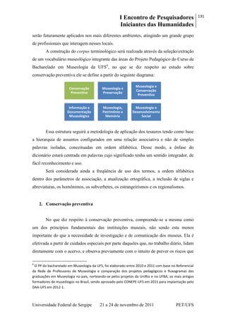 I Encontro de Pesquisadores
Iniciantes das Humanidades
131
Universidade Federal de Sergipe 21 a 24 de novembro de 2011 PET/UFS
serão futuramente aplicados nos mais diferentes ambientes, atingindo um grande grupo
de profissionais que interagem nesses locais.
A construção do corpus terminológico será realizada através da seleção/extração
de um vocabulário museológico integrante das áreas do Projeto Pedagógico do Curso de
Bacharelado em Museologia da UFS6
, no que se diz respeito ao estudo sobre
conservação preventiva ele se define a partir do seguinte diagrama:
Essa estrutura seguirá a metodologia de aplicação dos tesauros tendo como base
a hierarquia de assuntos configurados em uma relação associativa e não de simples
palavras isoladas, conceituadas em ordem alfabética. Desse modo, a ênfase do
dicionário estará centrada em palavras cujo significado tenha um sentido integrador, de
fácil reconhecimento e uso.
Será considerada ainda a freqüência de uso dos termos, a ordem alfabética
dentro dos parâmetros de associação, a atualização ortográfica, a inclusão de siglas e
abreviaturas, os homônimos, os subverbetes, os estrangeirismos e os regionalismos.
2. Conservação preventiva
No que diz respeito à conservação preventiva, compreende-se a mesma como
um dos princípios fundamentais das instituições museais, não sendo esta menos
importante do que a necessidade de investigação e de comunicação dos museus. Ela é
efetivada a partir de cuidados especiais por parte daqueles que, no trabalho diário, lidam
diretamente com o acervo, e observa previamente com o intuito de prever os riscos que
6
O PP do bacharelado em Museologia da UFS, foi elaborado entre 2010 e 2011 com base no Referencial
da Rede de Professores de Museologia e comparação dos projetos pedagógicos e fluxogramas das
graduações em Museologia no país, norteando-se pelos projetos da UniRio e na UFBA, os mais antigos
formadores de museólogos no Brasil, sendo aprovado pelo CONEPE-UFS em 2011 para implantação pelo
DAA-UFS em 2012-1.
Conservação
Preventiva
Museologia e
Preservação
Museologia e
Conservação
Preventiva
Informação e
Documentação
Museológica
Museologia,
Patrimônio e
Memória
Museologia e
Desenvolvimento
Social
 