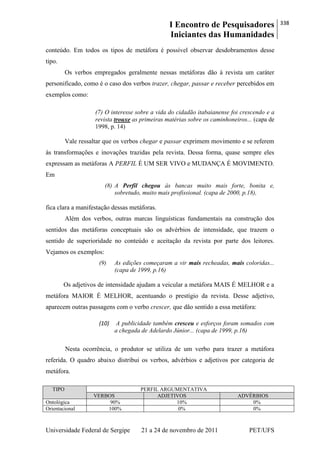 I Encontro de Pesquisadores
Iniciantes das Humanidades
338
Universidade Federal de Sergipe 21 a 24 de novembro de 2011 PET/UFS
conteúdo. Em todos os tipos de metáfora é possível observar desdobramentos desse
tipo.
Os verbos empregados geralmente nessas metáforas dão à revista um caráter
personificado, como é o caso dos verbos trazer, chegar, passar e receber percebidos em
exemplos como:
(7) O interesse sobre a vida do cidadão itabaianense foi crescendo e a
revista trouxe as primeiras matérias sobre os caminhoneiros... (capa de
1998, p. 14)
Vale ressaltar que os verbos chegar e passar exprimem movimento e se referem
às transformações e inovações trazidas pela revista. Dessa forma, quase sempre eles
expressam as metáforas A PERFIL É UM SER VIVO e MUDANÇA É MOVIMENTO.
Em
(8) A Perfil chegou às bancas muito mais forte, bonita e,
sobretudo, muito mais profissional. (capa de 2000, p.18),
fica clara a manifestação dessas metáforas.
Além dos verbos, outras marcas linguísticas fundamentais na construção dos
sentidos das metáforas conceptuais são os advérbios de intensidade, que trazem o
sentido de superioridade no conteúdo e aceitação da revista por parte dos leitores.
Vejamos os exemplos:
(9) As edições começaram a vir mais recheadas, mais coloridas...
(capa de 1999, p.16)
Os adjetivos de intensidade ajudam a veicular a metáfora MAIS É MELHOR e a
metáfora MAIOR É MELHOR, acentuando o prestígio da revista. Desse adjetivo,
aparecem outras passagens com o verbo crescer, que dão sentido a essa metáfora:
(10) A publicidade também cresceu e esforços foram somados com
a chegada de Adelardo Júnior... (capa de 1999, p.16)
Nesta ocorrência, o produtor se utiliza de um verbo para trazer a metáfora
referida. O quadro abaixo distribui os verbos, advérbios e adjetivos por categoria de
metáfora.
TIPO PERFIL ARGUMENTATIVA
VERBOS ADJETIVOS ADVÉRBIOS
Ontológica 90% 10% 0%
Orientacional 100% 0% 0%
 