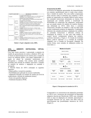 AIVA – AMBIENTE INSTRUCIONAL VIRTUAL
AUTÔNOMO
Com base nestes preceitos é apresentada a proposta do
modelo de gerenciamento de ensino a distância AIVA que
se baseia na determinação de um sistema para a criação de
cursos em ambiente gráfico, com etapas seqüenciadas e a
opção de edição de conteúdos instrucionais por
fluxogramas e camadas. Este sistema inclui caminhos
acionados pela inserção de módulos, hiperlinks e camadas
de modelos de usuários e adaptações de conteúdo e
navegação.
A filosofia básica do AIVA contempla os seguintes
requisitos:
- Edição gráfica e textual de conteúdos;
- Flexibilidade para aplicação de recursos multimídia;
- Adaptações baseadas em modelos de usuário por nível de
conhecimento e aferição de rendimento (testes);
- Testes com questões objetivas;
- Totalmente baseada na WEB;
A taxonomia do AIVA
As técnicas de adaptação apresentadas são disponibilizadas
em conjunto, paralelamente entre si, tendo como critério-
base o modelo de usuário. Para uma melhor compreensão
deste conceito, todos os elementos que compõem o AIVA
podem ser organizados em camadas editáveis pelos autores
dos conteúdos instrucionais alimentados no sistema. Esta
organização por camadas permite a visualização da
flexibilidade de composição das adaptações, propiciando
que um grande número de modelos de usuários distintos
seja alimentado no AIVA. Além disso, o conteúdo
instrucional é dividido em módulos e cada um deles pode
receber combinações próprias de adaptações. Combinações
diferentes das camadas permitem a adaptação dos módulos
de conteúdos instrucionais a diferentes critérios de
modelagem de usuários, ou seja, para cada modelo de
usuário haverá configurações próprias dos módulos,
conforme demonstra a Figura 2. À Camada de Conteúdo
Básico, pode-se adicionar (+) a Camada de Conteúdo
Adaptado e/ou a Camada de Navegação Adaptada. Da
mesma forma, essas camadas de adaptações podem ser
removidas (-).
Comparando-se as características das adaptações permitidas
no AIVA com a taxonomia das tecnologias de hipermídia
adaptativa descrita por Brusilovsky (2001), que contempla
todos os tipos de adaptações de conteúdo, apresentação e
navegação descritos por ele, temos uma idéia exata do
aproveitamento das possibilidades interativas do AIVA
(Figura 3).
Tabela 1. O quê é adaptado (Assis, 2005).
Figura 2. Fluxograma de camadas do AIVA.
Interaction South America 2010 Curitiba, Brazil - December 2-4
IxDA Curitiba - www.ixdacuritiba.com.br 4
 