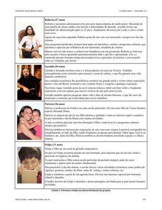 Roberta (27 anos)
Roberta é assistente administrativa há sete anos numa empresa de médio porte. Descende de
uma família de classe média, mas devido a dificuldades do passado, só pôde iniciar sua
faculdade em administração após os 25 anos. Atualmente ela mora com a mãe e com o irmão
mais novo.
Apesar de sua rotina apertada, Roberta gosta de sair com seu namorado e amigos nos fins-de-
semana.
Seus programas preferidos incluem bate-papo em barzinhos, cinema e programas culturais, que
aprendeu a apreciar por influência de seu namorado, estudante de cinema.
Mesmo sem ter tido acesso a cultura com freqüência em sua juventude, Roberta se interessa
pelo assunto e busca apreender panoramicamente tudo o que lhe é apresentado. Ela e o
namorado passam bastante tempo procurando novas exposições na internet e conversando
sobre as visitações que fazem.
Geraldo (56 anos)
Geraldo é formado em belas artes e é artista plástico há mais de 30 anos. Trabalha
principalmente como consultor para museus e casas de cultura, o que lhe garante uma vida
bastante confortável.
Sua condição econômica lhe possibilitou construir um grande ateliê e visitar várias exposições
dentro e fora do Brasil, tornando-o um visitante ilustre e exigente a qualquer exposição.
Nas horas vagas, Geraldo gosta de ouvir música clássica, beber um bom vinho e freqüentar
exposições com sua esposa, que escreve críticas de arte para uma revista.
Geraldo também aprecia pesquisar sobre vida e obra de artistas famosos, o que lhe serve de
inspiração e estimula sua criatividade para novos trabalhos.
Patrícia (36 anos)
Patrícia é professora de história em uma escola particular. Ela tem uma filha de 5 anos bastante
esperta chamada Diana.
Patrícia se separou do pai de sua filha durante a gestação e tenta ao máximo suprir a ausência
do pai mantendo o dia da Diana com muitas atividades.
A mãe se esforça para dar uma boa formação à filha e tenta levá-la a programas culturais
sempre que possível.
Patrícia também se interessa por exposições de arte, mas nem sempre é possível acompanhá-las
tranqüilamente ao lado da filha, sendo freqüentes as pausas para lanchar, beber água, levá-la ao
banheiro, etc. Junto da filha, Patrícia também se diverte bastante assistindo a peças e a filmes
infantis.
Felipe (11 anos)
Felipe é filho de um casal de grandes empresários.
Os pais de Felipe investem pesado em sua formação, pois esperam que ele um dia venha a
gerenciar os negócios da família.
O casal matriculou o filho numa escola particular de período integral, onde ele cursa
atualmente a quinta série do ensino fundamental.
Para preencher o dia dos alunos, a escola oferece várias atividades extraclasse como prática de
esportes, passeios, sessões de filme, aulas de reforço, visitas culturais, etc.
Felipe é estudioso e gosta de sua agenda cheia. Ele tem um interesse especial por literatura
infantil e desenho.
O hobby favorito de Felipe é desenhar e pintar paisagens, atividade para a qual possui bastante
facilidade.
Tabela 1. Personas criadas no desenvolvimento do projeto.
Interaction South America 2010 Curitiba, Brazil - December 2-4
IxDA Curitiba - www.ixdacuritiba.com.br 101
 