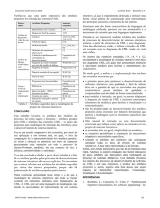 Verifica-se que uma parte expressiva dos artefatos
propostos foi extraída das extensões UML.
Fases e
visões
Artefatos Propostos Autores/
extensões
Análise de
Requisitos –
visão de caso
de uso.
Questionário com o usuário. [9]
Modelo de Perfil do usuário. [12]
Cenários. [7], [11], [10],
[ 9] e [15]
Tabela de signos. [15]
Modelo de tarefas. [11], [10], [6] e
[9]
Análise de
Design –
Visão lógica
e de
concorrência.
Definição da Arquitetura –
Deployment.
[2]
Validação e detalhamento do
cronograma de
desenvolvimento.
Experiência da
autora.
Diagrama de estado estendido
por meio do modelo de diálogo.
WISDOM [12]
Diagrama de Janela. Page-Jones [14]
Mapa de caminho de navegação. WAE [4].
Fluxo de telas. WAE [4].
Testes –
Visão de
componentes
e de
implantação
Programas bem documentados. Experiência da
autora.
Bibliotecas. Experiência da
autora.
Banco de dados – MER e
dicionário de dados.
Experiência da
autora.
Cenários do roteiro. WAE [4].
Manual de instalação e manual
do usuário.
[9]
Tabela 3 – Artefatos sugeridos para a modelagem de
projeto de sistemas interativos
CONCLUSÃO
Este trabalho levantou os artefatos dos modelos de
processo, tal como sugere a literatura – artefatos gerados
pela UML e artefatos das extensões UML – os quais são
propostas para modelagem de interação das interfaces, para
o desenvolvimento do sistema interativo.
Fez-se um estudo comparativo das extensões, por meio de
sua aplicação a um sistema real, no qual, o foco da
comparação foi a representatividade dos artefatos gerados,
de modo a oferecer ao projetista um meio de expressar
precisamente suas intenções em todo o processo de
desenvolvimento, medindo, em um contexto de uso, a
eficácia, a produtividade e a satisfação.
Uma das conclusões obtidas a partir deste trabalho é o fato
de os artefatos gerados pelos processos de desenvolvimento
de sistemas interativos não serem explícitos. Foi necessário
que a autora inferisse nos artefatos das atividades sugeridas
por vários dos autores pesquisados, porque não há
padronização de artefatos propostos pelos autores.
Outra conclusão apresentada neste artigo é a de que a
modelagem de sistemas interativos não pode se basear
somente em elementos definidos pelo metamodelo da
UML. A UML, por ser uma linguagem de modelagem, não
atende às necessidades de representação de um sistema
interativo, já que é originalmente destinada a oferecer uma
forma visual gráfica de comunicação para representação
dos principais conceitos e elementos de um sistema.
Entretanto uma das fortes características da linguagem de
modelagem unificada, presente em seu metamodelo é o
mecanismo de extensão que essa linguagem implementa.
Entende-se ser impossível modelar artefatos dos modelos
de processos de desenvolvimento de sistemas interativos
somente a partir de elementos da UML e seus diagramas.
Uma das alternativas, então, é utilizar extensões da UML
em conjunto com os diagramas da UML, tendo em vista
suas visões.
Os autores das extensões estudadas, [14, 18, 4 e 12],
recomendam a modelagem de sistemas interativos por meio
dos diagramas UML, aos quais eles acrescentam extensões
e adicionam artefatos para facilitar o entendimento dos
stakeholders.
De modo geral, a análise e a implementação dos artefatos
das extensões mostraram que:
 o primeiro passo para promover o desenvolvimento de
softwares interativos com qualidade e fácil de utilizar
deve ser a garantia de que os envolvidos nos projetos
(stakeholders) gerem artefatos de qualidade e
compreendam essa atividade de forma contextualizada;
 para modelar a interação, em geral, os autores adaptaram
o diagrama de estado da UML e incluíram estereótipos
(elementos de modelos), para facilitar a visualização e a
contextualização;
 não há produtividade no desenvolvimento dos artefatos
propostos pelas extensões por faltarem ferramentas que
apóiem a modelagem com os elementos específicos das
extensões;
 falta manual de instrução ou uma documentação
sintetizada que indique como aplicar as extensões em um
projeto de sistemas interativos;
 as extensões têm, em geral, simplicidade na semântica;
 as extensões possibilitam a construção de mecanismos
adaptados a necessidades específicas.
 somente os artefatos das extensões não conseguem
satisfazer todas as fases do projeto de sistemas
interativos. A fase mais representada é a de Design.
Enfim, este estudo demonstrou que não há na literatura uma
regra. Ademais os autores estudados não fazem indicações
de quais artefatos são necessários para modelagem do
processo de sistemas interativos. Esse trabalho procurou
nos autores dos processos de desenvolvimento de software,
na UML e em suas extensões, o melhor dos artefatos
propostos e, assim, sugeriu uma lista desses que sejam
capazes de demonstrar especificação, visualização,
modelagem e documentação.
REFERÊNCIAS
1. Bombani, L.; Ciancarini, P.; Vitali, F. “Sophisticated
hypertext funcionalities for software engineering”. In:
Interaction South America 2010 Curitiba, Brazil - December 2-4
IxDA Curitiba - www.ixdacuritiba.com.br 113
 