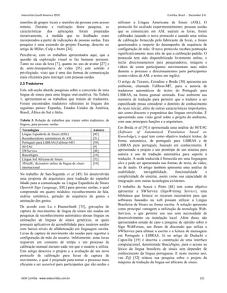 reuniões de grupos locais e reuniões de pessoas com acesso
remoto. Durante a realização desta pesquisa, as
características das aplicações foram projetadas
iterativamente, à medida que os feedbacks eram
incorporados a partir de indicações de pessoas surdas. Esta
pesquisa é uma extensão do projeto Facetop, descrito no
artigo de Miller, Culp e Stotts [34].
Percebe-se, com os trabalhos apresentados aqui, que a
questão da exploração visual se faz bastante presente.
Tanto no caso da luva [7], quanto no uso de avatar [27] e
da semi-transparência de vídeo [35] este sentido é
privilegiado, visto que é uma das formas de comunicação
mais eficientes para interagir com pessoas surdas.
2.3 Tradutores
Esta sub-seção aborda pesquisas sobre a conversão de uma
língua de sinais para uma língua oral-auditiva. Na Tabela
3, apresentam-se os trabalhos que tratam de tradutores.
Foram encontrados tradutores referentes às línguas dos
seguintes países: Espanha, Estados Unidos da América,
Brasil, África do Sul e Itália.
Tabela 3. Relação de trabalhos que tratam sobre tradutores, de
línguas, para pessoas surdas.
Tecnologias Autores
Língua Espanhola de Sinais (SSL) [45]
Reconhecedores automáticos de ASL [31]
Português para LIBRAS (Falibras-MT) [50]
SOTAC [9]
SWService [48]
BuscaSigno [19]
Língua Sul Africana de Sinais [52]
3DictSL: dicionário online de língua de sinais
internacional
[10]
No trabalho de San-Segundo et al [45] foi desenvolvida
uma proposta de arquitetura para tradução do espanhol
falado para a comunicação na Língua Espanhola de Sinais
(Spanish Sign Language, SSL) para pessoas surdas, a qual
compreende em quatro módulos: reconhecimento de fala,
análise semântica, geração de sequência de gestos e
animação dos gestos.
De acordo com Lu e Huenerfauth [31], gravações de
captura de movimentos de língua de sinais são usadas em
pesquisas de reconhecimento automático dessas línguas ou
animações de línguas de sinais genéricas, as quais
possuem aplicativos de acessibilidade para usuários surdos
com baixos níveis de alfabetização em linguagem escrita.
Luvas de captura de movimento são usadas para registrar a
configuração de mão do usuário. Infelizmente, estas luvas
requerem um consumo de tempo e um processo de
calibração manual inexato cada vez que o usuário a utiliza.
Este artigo descreve o projeto e a avaliação de um novo
protocolo de calibração para luvas de captura de
movimento, o qual é projetado para tornar o processo mais
eficiente e ser acessível para participantes que são surdos e
utilizam a Língua Americana de Sinais (ASL). O
protocolo foi avaliado experimentalmente; pessoas surdas
que se comunicam em ASL usaram as luvas, foram
calibradas (usando o novo protocolo e usando uma rotina
de calibração fornecida pelo fabricante da luva), e foram
questionados a respeito do desempenho da sequência de
configuração de mão. O novo protocolo recebeu pontuação
significativamente mais alta do que a calibração padrão. O
protocolo tem sido disponibilizado livremente online, e
inclui direcionamentos para pesquisadores, imagens e
vídeos de como participantes movimentam suas mãos
durante o processo e direcionamentos para participantes
(como vídeos de ASL e textos em inglês).
O artigo de Tavares, Coradine e Breda [50] apresenta um
ambiente, chamado Falibras-MT, para a autoria de
tradutores automáticos de textos do Português para
LIBRAS, na forma gestual animada. Esse ambiente usa
memória de tradução para permitir que o tradutor a ser
especificado possa considerar o domínio de conhecimento
do texto inicial, além de outras características importantes,
tais como discurso e pragmática das línguas envolvidas. É
apresentada uma visão geral sobre o projeto do ambiente,
com suas principais funções e a arquitetura.
Em Breda et al [9] é apresentada uma análise do SOTAC
(Software of Automatized Translation based on
Knowledge), o qual tem como objetivo traduzir textos, de
forma automática, de português para LIBRAS e de
LIBRAS para português, baseado em conhecimento. É
apresentado o projeto e um protótipo de um sistema para
autoria e uso de tradução automática para suporte à
tradução. A saída traduzida é fornecida em uma linguagem
alvo e pode ser apresentada nas formas de texto, de vídeo,
ou de áudio. O artigo também apresenta uma análise de
usabilidade, navegabilidade, funcionalidade e
complexidade do sistema, assim como sua capacidade de
integração com outras tecnologias existentes.
O trabalho de Souza e Pinto [48] tem como objetivo
apresentar a SWService (SignWritting Service), uma
biblioteca que fornece os recursos necessários para que
softwares baseados na web possam utilizar a Língua
Brasileira de Sinais na forma escrita. A solução apresenta
como principal vantagem a utilização da tecnologia Web-
Services, o que permite seu uso sem necessidade de
desenvolvimento ou instalação local. Além disso, são
apresentados estudo de caso e pesquisa de opinião sobre o
Sign WebForum, um fórum de discussão que utiliza a
SWService para efetuar a escrita e a leitura de mensagens
em Português e LIBRAS. Já no artigo de Duduchi e
Capovilla [19] é descrita a construção de uma interface
computacional, denominada BuscaSigno, para o acesso ao
léxico da língua brasileira de sinais sem depender de
conhecimento da língua portuguesa. E neste mesmo ano,
van Zijl [52] relatou sua pesquisa sobre o projeto da
máquina de tradução da língua sul africana de sinais.
Interaction South America 2010 Curitiba, Brazil - December 2-4
IxDA Curitiba - www.ixdacuritiba.com.br 132
 