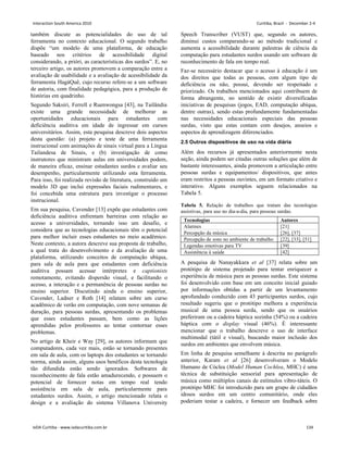 também discute as potencialidades do uso de tal
ferramenta no contexto educacional. O segundo trabalho
dispõe “um modelo de uma plataforma, de educação
baseado nos critérios de acessibilidade digital
considerando, a prióri, as características dos surdos”. E, no
terceiro artigo, os autores promovem a comparação entre a
avaliação de usabilidade e a avaliação de acessibilidade da
ferramenta HagáQuê, cujo recurso refere-se a um software
de autoria, com finalidade pedagógica, para a produção de
histórias em quadrinho.
Segundo Saksiri, Ferrell e Ruenwongsa [43], na Tailândia
existe uma grande necessidade de melhorar as
oportunidades educacionais para estudantes com
deficiência auditiva em idade de ingressar em cursos
universitários. Assim, esta pesquisa descreve dois aspectos
desta questão: (a) projeto e teste de uma ferramenta
instrucional com animações de sinais virtual para a Língua
Tailandesa de Sinais, e (b) investigação de como
instrutores que ministram aulas em universidades podem,
de maneira eficaz, ensinar estudantes surdos e avaliar seu
desempenho, particularmente utilizando esta ferramenta.
Para isso, foi realizada revisão de literatura, construído um
modelo 3D que inclui expressões faciais rudimentares, e
foi concebida uma estrutura para investigar o processo
instrucional.
Em sua pesquisa, Cavender [13] expõe que estudantes com
deficiência auditiva enfrentam barreiras com relação ao
acesso a universidades, tornando isso um desafio, e
considera que as tecnologias educacionais têm o potencial
para melhor incluir esses estudantes no meio acadêmico.
Neste contexto, a autora descreve sua proposta de trabalho,
a qual trata do desenvolvimento e da avaliação de uma
plataforma, utilizando conceitos de computação ubíqua,
para sala de aula para que estudantes com deficiência
auditiva possam acessar intérpretes e captionists
remotamente, evitando dispersão visual, e facilitando o
acesso, a interação e a permanência de pessoas surdas no
ensino superior. Discutindo ainda o ensino superior,
Cavender, Ladner e Roth [14] relatam sobre um curso
acadêmico de verão em computação, com nove semanas de
duração, para pessoas surdas, apresentando os problemas
que esses estudantes passam, bem como as lições
aprendidas pelos professores ao tentar contornar esses
problemas.
No artigo de Kheir e Way [29], os autores informam que
computadores, cada vez mais, estão se tornando presentes
em sala de aula, com os laptops dos estudantes se tornando
norma, ainda assim, alguns usos benéficos desta tecnologia
tão difundida estão sendo ignorados. Softwares de
reconhecimento de fala estão amadurecendo, e possuem o
potencial de fornecer notas em tempo real tendo
assistência em sala de aula, particularmente para
estudantes surdos. Assim, o artigo mencionado relata o
design e a avaliação do sistema Villanova University
Speech Transcriber (VUST) que, segundo os autores,
diminui custos comparando-se ao método tradicional e
aumenta a acessibilidade durante palestras de ciência da
computação para estudantes surdos usando um software de
reconhecimento de fala em tempo real.
Faz-se necessário destacar que o acesso à educação é um
dos direitos que todas as pessoas, com algum tipo de
deficiência ou não, possui, devendo ser respeitado e
priorizado. Os trabalhos mencionados aqui contribuem de
forma abrangente, no sentido de existir diversificadas
iniciativas de pesquisas (jogos, EAD, computação ubíqua,
dentre outras), sendo estas profundamente fundamentadas
nas necessidades educacionais especiais das pessoas
surdas, visto que estas contam com desejos, anseios e
aspectos de aprendizagem diferenciados.
2.5 Outros dispositivos de uso na vida diária
Além dos recursos já apresentados anteriormente nesta
seção, ainda podem ser citadas outras soluções que além de
bastante interessantes, ainda promovem a articulação entre
pessoas surdas e equipamentos/ dispositivos, que antes
eram restritos a pessoas ouvintes, em um formato criativo e
interativo. Alguns exemplos seguem relacionados na
Tabela 5.
Tabela 5. Relação de trabalhos que tratam das tecnologias
assistivas, para uso no dia-a-dia, para pessoas surdas.
Tecnologias Autores
Alarmes [21]
Percepção da música [26], [37]
Percepção de sons no ambiente de trabalho [22], [33], [51]
Legendas emotivas para TV [39]
Assistência à saúde [42]
A pesquisa de Nanayakkara et al [37] relata sobre um
protótipo de sistema projetado para tentar enriquecer a
experiência de música para as pessoas surdas. Este sistema
foi desenvolvido com base em um conceito inicial guiado
por informações obtidas a partir de um levantamento
aprofundado conduzido com 43 participantes surdos, cujo
resultado sugeriu que o protótipo melhora a experiência
musical de uma pessoa surda, sendo que os usuários
preferiram ou a cadeira háptica sozinha (54%) ou a cadeira
háptica com o display visual (46%). É interessante
mencionar que o trabalho descreve o uso de interface
multimodal (tátil e visual), buscando maior inclusão dos
surdos em ambientes que envolvem música.
Em linha de pesquisa semelhante à descrita no parágrafo
anterior, Karam et al [26] desenvolveram o Modelo
Humano de Cóclea (Model Human Cochlea, MHC) é uma
técnica de substituição sensorial para apresentação de
música como múltiplos canais de estímulos vibro-táteis. O
protótipo MHC foi introduzido para um grupo de cidadãos
idosos surdos em um centro comunitário, onde eles
poderiam testar a cadeira, e fornecer um feedback sobre
Interaction South America 2010 Curitiba, Brazil - December 2-4
IxDA Curitiba - www.ixdacuritiba.com.br 134
 