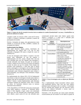 Figura 3. Captura de tela da execução de um dos testes no ambiente de reunião (EmotionSender’s na mesa, e EmotionMeter na
parede do ambiente de reunião)
consultar a ajuda. Ao reiniciar o EM, o valor da ET retorna
a 100% e o usuário é solicitado a confirmar o número de
participantes da reunião.
Devido a limitações de espaço, não apresentaremos neste
trabalho os storyboards do EM, o GOMS e modelos de
navegação dos objetos.
Implementação dos Objetos
Esta seção descreve alguns pontos importantes da
implementação dos objetos EM e ES, que foi feita
utilizando a linguagem LSL (para a criação de scripts no
ambiente SL).
A troca de mensagens entre objetos e avatares é um dos
pontos mais importantes no que diz respeito a
implementações em LSL, sendo a função llSay uma das
mais utilizadas para esse fim. Quando uma mensagem é
enviada utilizando esta função, ela pode ser ouvida por
avatares e objetos em um raio de até 20 metros de distância
a partir do ponto em que foi emitida. Nesta função são
passados como parâmetros o canal pelo qual se deseja
enviar a mensagem e a mensagem a ser enviada, essa tendo
até 1024 bytes. Para que um objeto receba as mensagens de
determinado canal, devemos programá-lo para escutar o
canal pretendido, essa definição é feita utilizando a função
llListen [11].
Na implementação dos objetos EM e ES foi fundamental
descriminar os tipos de mensagens trocadas pelos objetos e
agrupar cada tipo de mensagem em um canal diferente. A
Tabela 3 ilustra o cenário implementado, onde diferentes
mensagens trafegam por diferentes canais. Para a escolha
de canais, foi necessário observar como os mesmos
funcionam neste ambiente.
O SL disponibiliza 2.147.483.647 canais para comunicação
entre canais negativos e positivos. A utilização destes
canais é feita segundo a regra: canais com numeração
menor que zero são utilizados para comunicação somente
entre objetos; canais acima de zero são utilizados para
comunicação privada (tanto entre objetos quanto entre
objetos e avatares); e o canal zero é utilizado para
comunicação pública (broadcast).
Canal Objeto
Emissor
Descrição de uso
777 EmotionMeter Canal utilizado pelo EM
para informar o seu estado
(ex: ligado ou desligado)
para os ES
778 EmotionSender Canal definido para o envio
de emoções pelos ES
779 EmotionMeter Por esse canal, o EM retorna
para o ES o valor
relacionado a emoção
enviada que realmente foi
utilizado (somado ou
subtraído) na ET
800 EmotionSender Quando o tempo de
expiração de uma emoção
enviada é atingido, o valor
anteriormente enviado pelo
canal 779 pelo EM é
retornado a ele pelo ES para
que a ET seja atualizada
801 e
802
EmotionMeter Comunicação entre as partes
do próprio objeto para a
troca de cores.
Tabela 3. Troca de mensagens entre os objetos por diferentes
canais
Para a implementação, foram necessários utilizar canais
com numeração positiva, haja visto que estes objetos
poderiam trocar mensagens com os avatares. A numeração
alta foi utilizada para garantir que não houvesse outros
usuários (ou objetos) utilizando o mesmo canal no
momento de comunicação.
Entretanto, o SL não permite que canais sejam utilizados
exclusivamente por um usuário ou um objeto ou grupo de
Interaction South America 2010 Curitiba, Brazil - December 2-4
IxDA Curitiba - www.ixdacuritiba.com.br 186
 