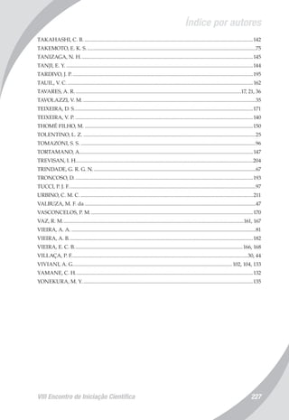Índice por autores
VIII Encontro de Iniciação Científica 227
TAKAHASHI, C. B..................................................................................................................................142
TAKEMOTO, E. K. S..................................................................................................................................75
TANIZAGA, N. H....................................................................................................................................145
TANJI, E. Y................................................................................................................................................144
TARDIVO, J. P...........................................................................................................................................195
TAUIL, V. C...............................................................................................................................................162
TAVARES, A. R................................................................................................................................17, 21, 36
TAVOLAZZI, V. M.....................................................................................................................................35
TEIXEIRA, D. S.........................................................................................................................................171
TEIXEIRA, V. P.........................................................................................................................................140
THOMÉ FILHO, M..................................................................................................................................150
TOLENTINO, L. Z.....................................................................................................................................25
TOMAZONI, S. S.......................................................................................................................................96
TORTAMANO, A.....................................................................................................................................147
TREVISAN, I. H.......................................................................................................................................204
TRINDADE, G. R. G. N.............................................................................................................................67
TRONCOSO, D.........................................................................................................................................193
TUCCI, P. J. F...............................................................................................................................................97
URBINO, C. M. C.....................................................................................................................................211
VALBUZA, M. F. da...................................................................................................................................47
VASCONCELOS, P. M.............................................................................................................................170
VAZ, R. M...........................................................................................................................................161, 167
VIEIRA, A. A..............................................................................................................................................81
VIEIRA, A. B.............................................................................................................................................182
VIEIRA, E. C. B.................................................................................................................................166, 168
VILLAÇA, P. F.......................................................................................................................................30, 44
VIVIANI, A. G.......................................................................................................................... 102, 104, 133
YAMANE, C. H........................................................................................................................................132
YONEKURA, M. Y...................................................................................................................................135
 