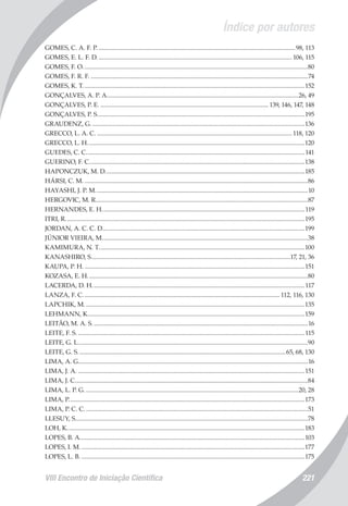 Índice por autores
VIII Encontro de Iniciação Científica 221
GOMES, C. A. F. P..............................................................................................................................98, 113
GOMES, E. L. F. D............................................................................................................................ 106, 115
GOMES, F. O...............................................................................................................................................80
GOMES, F. R. F...........................................................................................................................................74
GOMES, K. T.............................................................................................................................................152
GONÇALVES, A. P. A..........................................................................................................................26, 49
GONÇALVES, P. E............................................................................................................ 139, 146, 147, 148
GONÇALVES, P. S....................................................................................................................................195
GRAUDENZ, G........................................................................................................................................136
GRECCO, L. A. C............................................................................................................................. 118, 120
GRECCO, L. H..........................................................................................................................................120
GUEDES, C. C...........................................................................................................................................141
GUERINO, F. C.........................................................................................................................................138
HAPONCZUK, M. D...............................................................................................................................185
HÁRSI, C. M...............................................................................................................................................86
HAYASHI, J. P. M.......................................................................................................................................10
HERGOVIC, M. R.......................................................................................................................................87
HERNANDES, E. H.................................................................................................................................119
ITRI, R........................................................................................................................................................195
JORDAN, A. C. C. D................................................................................................................................199
JÚNIOR VIEIRA, M...................................................................................................................................38
KAMIMURA, N. T...................................................................................................................................100
KANASHIRO, S...............................................................................................................................17, 21, 36
KAUPA, P. H.............................................................................................................................................151
KOZASA, E. H............................................................................................................................................80
LACERDA, D. H.......................................................................................................................................117
LANZA, F. C............................................................................................................................. 112, 116, 130
LAPCHIK, M............................................................................................................................................135
LEHMANN, K..........................................................................................................................................159
LEITÃO, M. A. S.........................................................................................................................................16
LEITE, F. S.................................................................................................................................................115
LEITE, G. L..................................................................................................................................................90
LEITE, G. S....................................................................................................................................65, 68, 130
LIMA, A. G..................................................................................................................................................16
LIMA, J. A.................................................................................................................................................151
LIMA, J. C....................................................................................................................................................84
LIMA, L. P. G........................................................................................................................................20, 28
LIMA, P......................................................................................................................................................173
LIMA, P. C. C..............................................................................................................................................51
LLESUY, S....................................................................................................................................................78
LOH, K.......................................................................................................................................................183
LOPES, B. A...............................................................................................................................................103
LOPES, I. M...............................................................................................................................................177
LOPES, L. B...............................................................................................................................................175
 