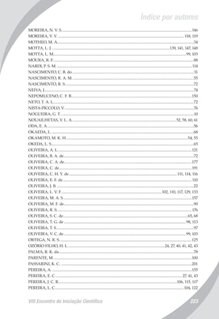 Índice por autores
VIII Encontro de Iniciação Científica 223
MOREIRA, N. V. S...................................................................................................................................146
MOREIRA, V. V................................................................................................................................ 118, 119
MOTHEO, M. A.........................................................................................................................................34
MOTTA, L. J........................................................................................................................139, 141, 147, 148
MOTTA, L. M......................................................................................................................................99, 103
MOURA, R. F..............................................................................................................................................88
NARDI, P. S. M.........................................................................................................................................114
NASCIMENTO, C. B. do...........................................................................................................................31
NASCIMENTO, R. A. M...........................................................................................................................55
NASCIMENTO, R. S..................................................................................................................................72
NEIVA, J.......................................................................................................................................................74
NEPOMUCENO, C. F. B..........................................................................................................................150
NETO, T. A. L..............................................................................................................................................72
NISTA-PICCOLO, V...................................................................................................................................76
NOGUEIRA, G. T.......................................................................................................................................10
NOUAILHETAS, V. L. A......................................................................................................... 52, 58, 60, 61
ODA, E. A....................................................................................................................................................56
OKAEDA, L................................................................................................................................................68
OKAMOTO, M. K. H...........................................................................................................................54, 55
OKEDA, L. S................................................................................................................................................65
OLIVEIRA, A. L.......................................................................................................................................121
OLIVEIRA, B. A. de...................................................................................................................................72
OLIVEIRA, C. A. de.................................................................................................................................177
OLIVEIRA, C. de......................................................................................................................................191
OLIVEIRA, C. H. Y. de.............................................................................................................111, 114, 116
OLIVEIRA, E. F. de..................................................................................................................................110
OLIVEIRA, J. B...........................................................................................................................................22
OLIVEIRA, L. V. F......................................................................................................102, 110, 117, 129, 133
OLIVEIRA, M. A. S..................................................................................................................................157
OLIVEIRA, M. F. de...................................................................................................................................90
OLIVEIRA, R. S........................................................................................................................................176
OLIVEIRA, S. C. de..............................................................................................................................65, 68
OLIVEIRA, T. G. de...........................................................................................................................98, 113
OLIVEIRA, T. S...........................................................................................................................................97
OLIVEIRA, V. C. de...........................................................................................................................99, 103
ORTEGA, N. R. S......................................................................................................................................125
OZÓRIO FILHO, H. L..................................................................................................24, 27, 40, 41, 42, 43
PALMA, R. K. da........................................................................................................................................78
PARENTE, M............................................................................................................................................100
PASSARINI, K. C.....................................................................................................................................201
PEREIRA, A..............................................................................................................................................155
PEREIRA, E. C................................................................................................................................ 27, 41, 43
PEREIRA, J. C. R.......................................................................................................................106, 115, 117
PEREIRA, L. C..................................................................................................................................104, 122
 