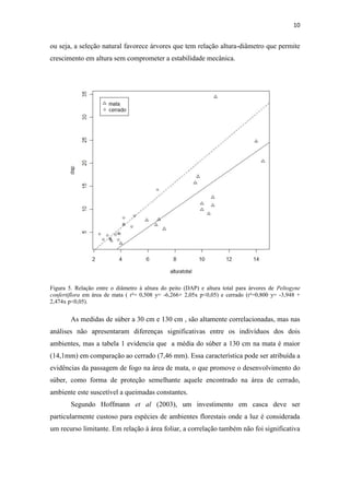 10
ou seja, a seleção natural favorece árvores que tem relação altura-diâmetro que permite
crescimento em altura sem comprometer a estabilidade mecânica.
Figura 5. Relação entre o diâmetro à altura do peito (DAP) e altura total para árvores de Peltogyne
confertiflora em área de mata ( r²= 0,508 y= -6,266+ 2,05x p<0,05) e cerrado (r²=0,800 y= -3,948 +
2,474x p<0,05).
As medidas de súber a 30 cm e 130 cm , são altamente correlacionadas, mas nas
análises não apresentaram diferenças significativas entre os indivíduos dos dois
ambientes, mas a tabela 1 evidencia que a média do súber a 130 cm na mata é maior
(14,1mm) em comparação ao cerrado (7,46 mm). Essa característica pode ser atribuída a
evidências da passagem de fogo na área de mata, o que promove o desenvolvimento do
súber, como forma de proteção semelhante aquele encontrado na área de cerrado,
ambiente este suscetível a queimadas constantes.
Segundo Hoffmann et al (2003), um investimento em casca deve ser
particularmente custoso para espécies de ambientes florestais onde a luz é considerada
um recurso limitante. Em relação à área foliar, a correlação também não foi significativa
 