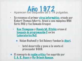 Año 1972 Aparecen los disquetes de 5 1/4 pulgadas. Se reconoce el primer  virus informático , creado por Robert Thomas Morris. Atacó a una máquina IBM Serie 360 y fue llamado Creeper. Ken Thompson  y  Dennis M. Ritchie  crean el  lenguaje de programación C  en los  Laboratorios Bell . Nolan Bushnell y Ted Dabney fundan la  Atari . Intel desarrolla y pone a la venta el procesador 8008. El concepto de  región crítica  fue sugerido por  C. A. R. Hoare  y  Per Brinch Hansen . 